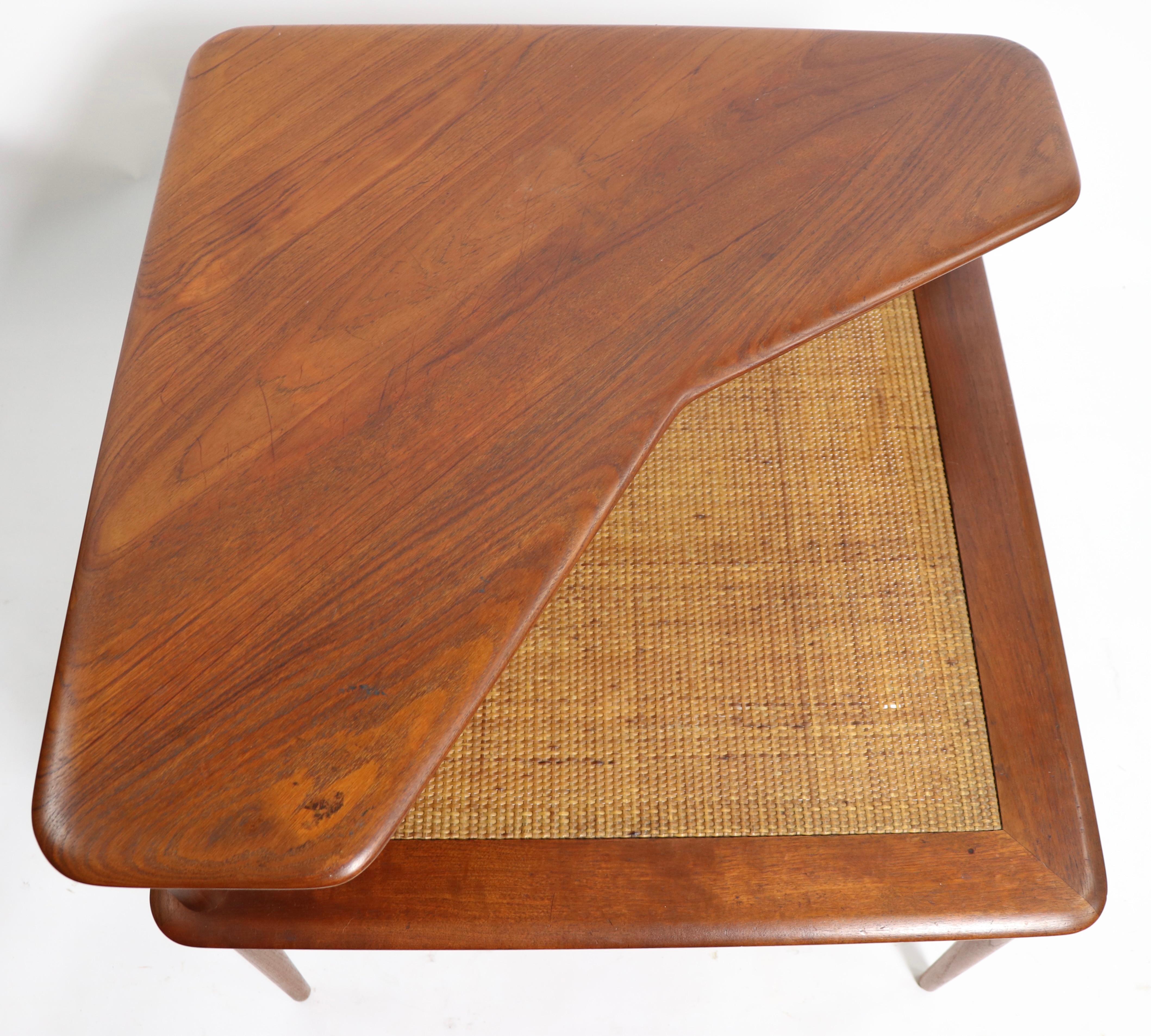 Cane Peter Hvidt and Olga Moregaard Two Tier Corner Table for France and Son