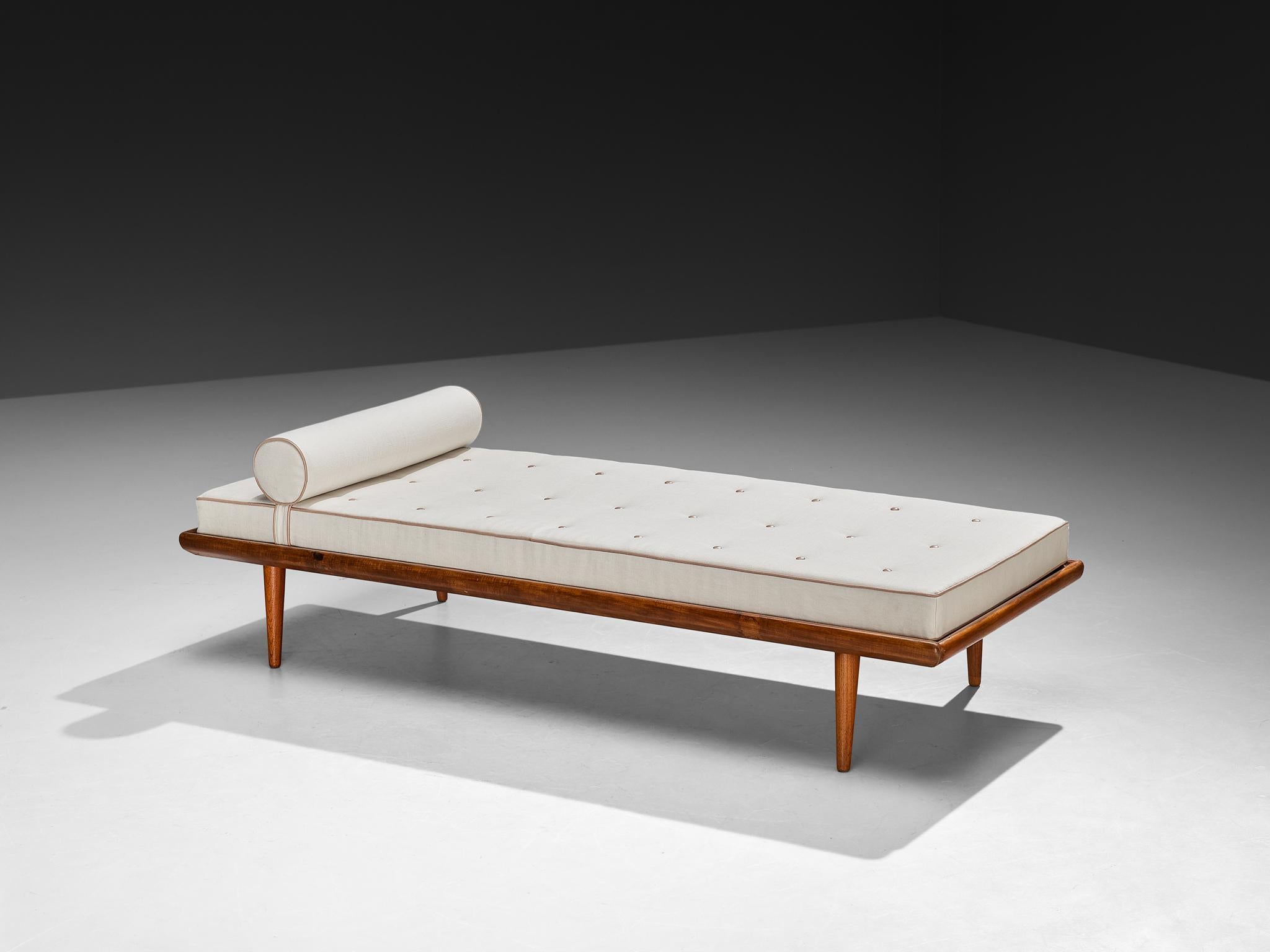 Peter Hvidt and Orla Mølgaard-Nielsen for France & Søn, 'Minerva' daybed, teak, fabric, Denmark, design 1957, production 1960s.

This elegant daybed or sofa is named 'Minerva' after the goddess of wisdom; a true midcentury classic designed by Peter