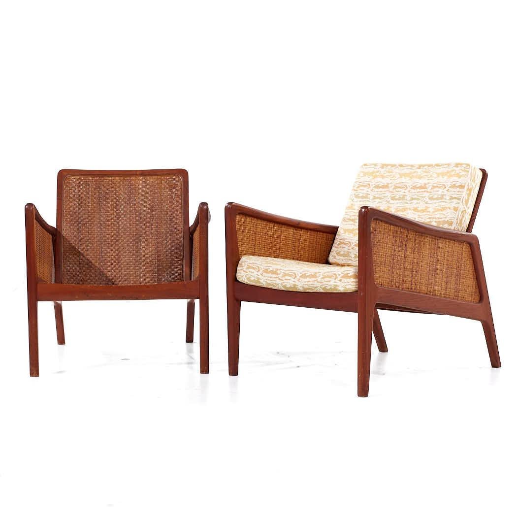 Mid-Century Modern Peter Hvidt and Orla Mølgaard Nielsen MCM Teak and Rattan Lounge Chairs - Pair For Sale