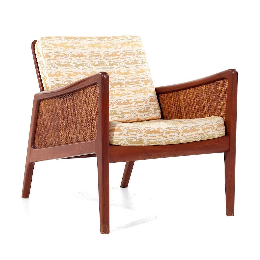 Danish Peter Hvidt and Orla Mølgaard Nielsen MCM Teak and Rattan Lounge Chairs - Pair For Sale