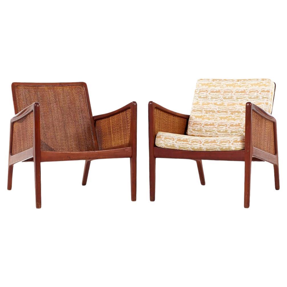 Peter Hvidt and Orla Mølgaard Nielsen MCM Teak and Rattan Lounge Chairs - Pair For Sale