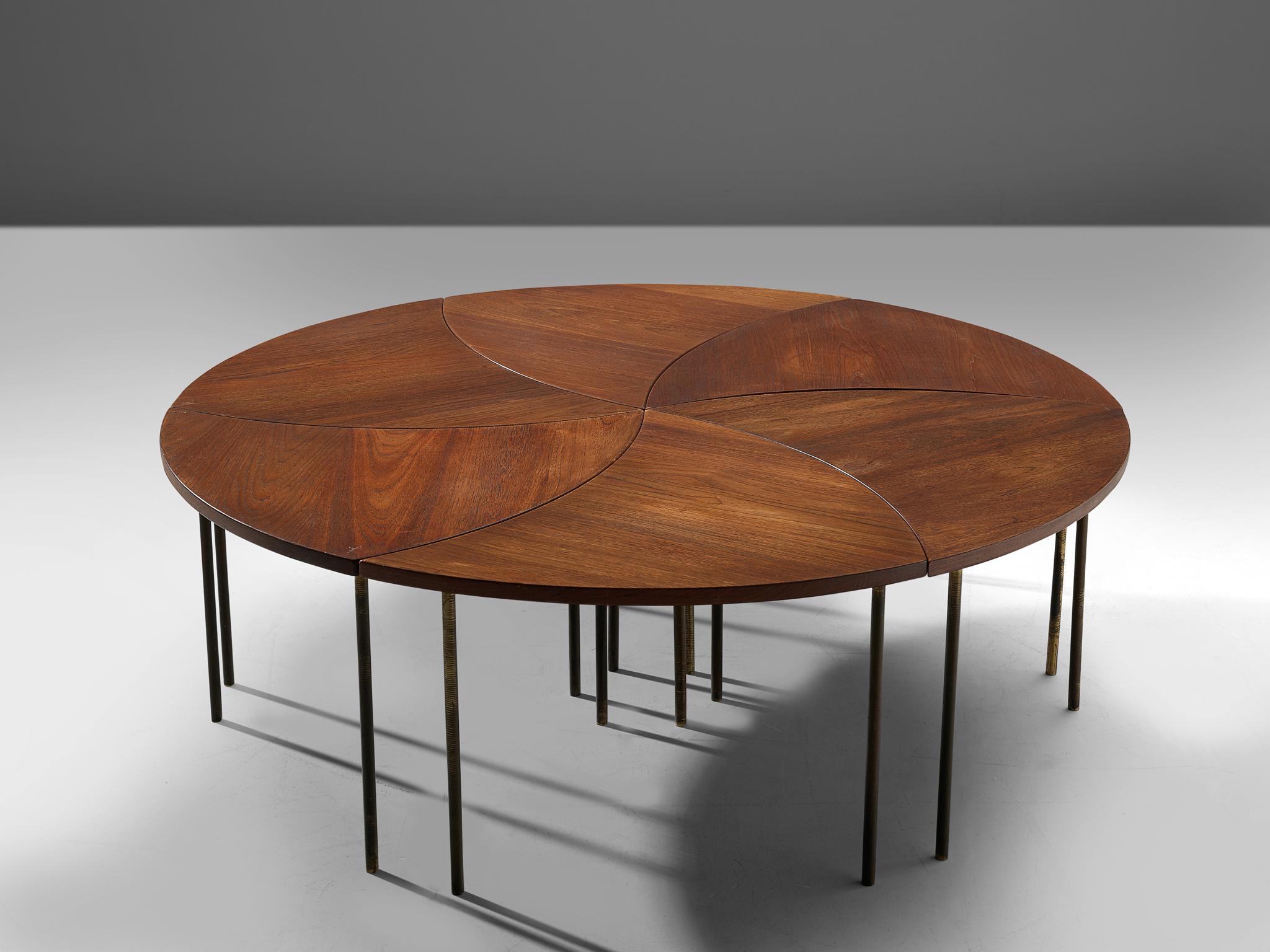 Peter Hvidt and Orla Mølgaard Nielsen, '523' coffee table, teak and brass, Denmark, 1950s

A modular coffee table, consisting of 6 pieces that form together one large round coffee table. The legs are made of brass and for all together (18 legs in