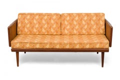 Peter Hvidt Danish Wooden Frame Caned Gold Patterned Upholstered Sleeper Settee