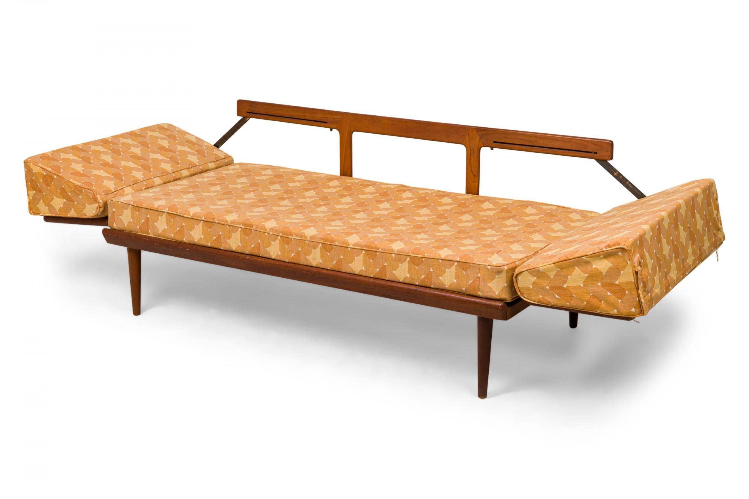 Fabric Peter Hvidt Danish Wooden Frame Caned Gold Patterned Upholstered Sleeper Settee For Sale