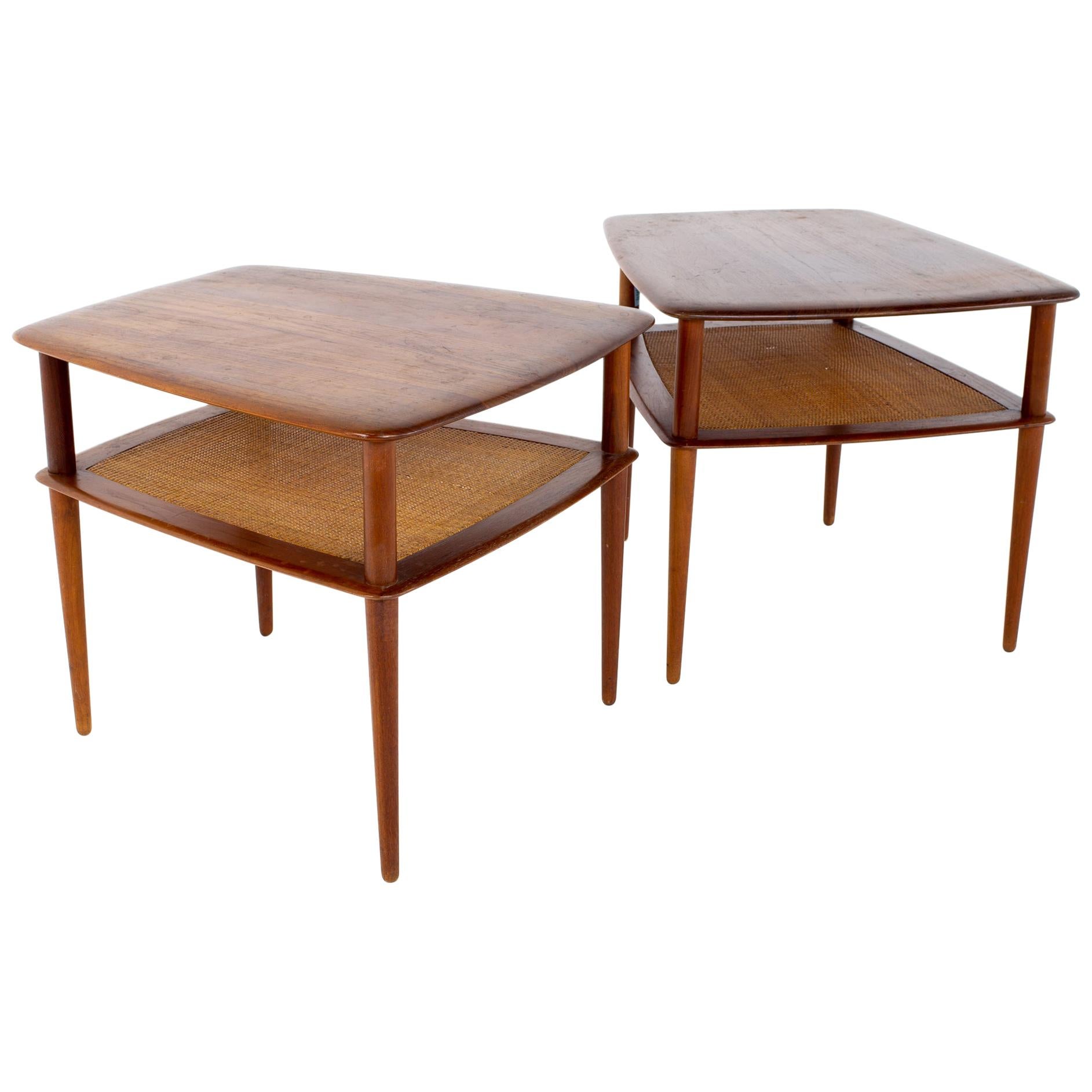 Peter Hvidt for France and Sons MCM Teak and Cane Side End Tables, a Pair