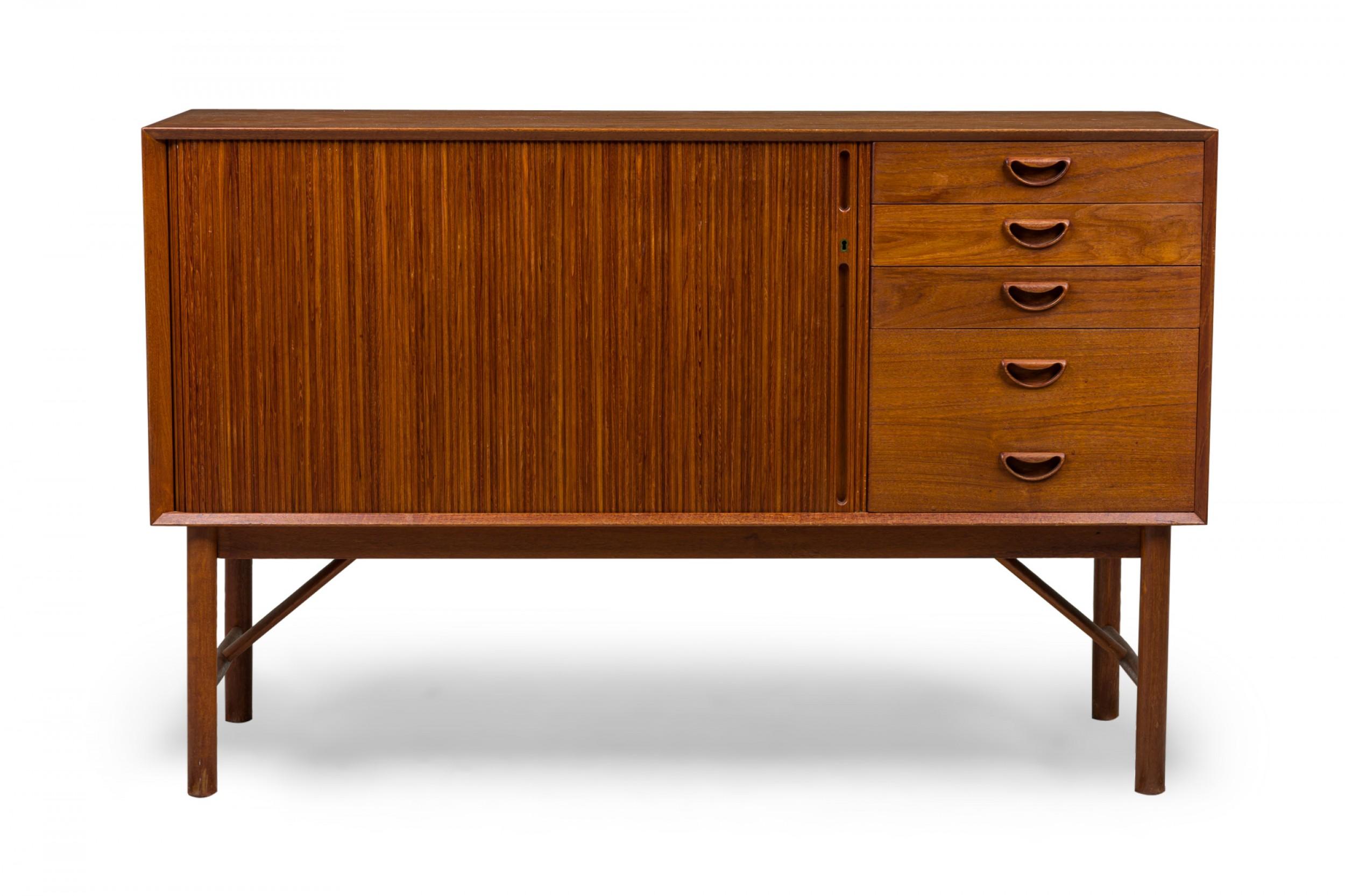 Midcentury Danish teak cabinet with 4 pullout drawers, sculpted pulls and sliding tambour door revealing a two-shelf compartment. (Peter Hvidt FOR Søborg Møbler)(Similar piece: DUF0891).