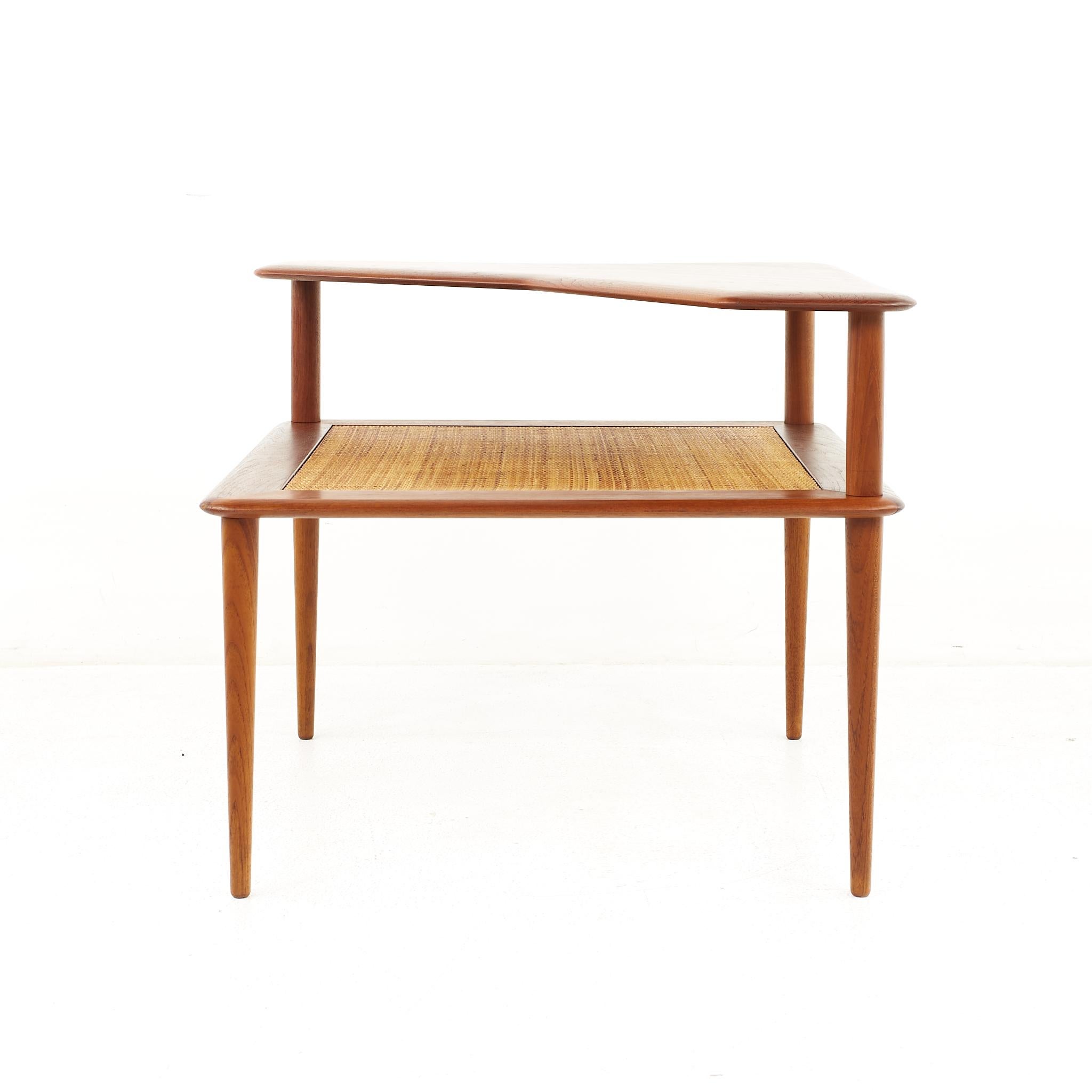 Peter Hvidt Mid Century Teak and Cane Step Corner Table In Good Condition In Countryside, IL