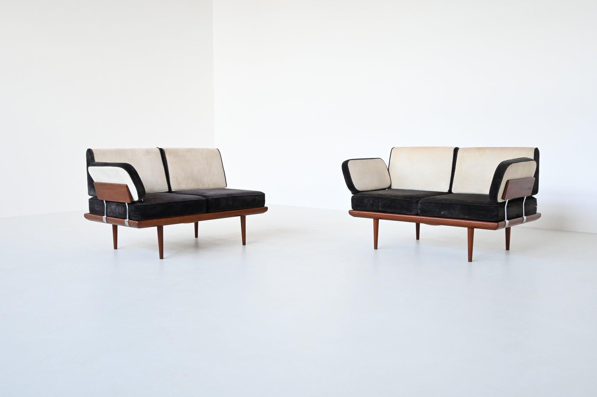 Beautiful shaped sofa set model “Minerva” designed by Peter Hvidt & Orla Mølgaard-Nielsen for France & Søn, Denmark 1957. This sofa is an iconic example of mid-century modern design and is renowned for its elegant, clean lines and meticulous