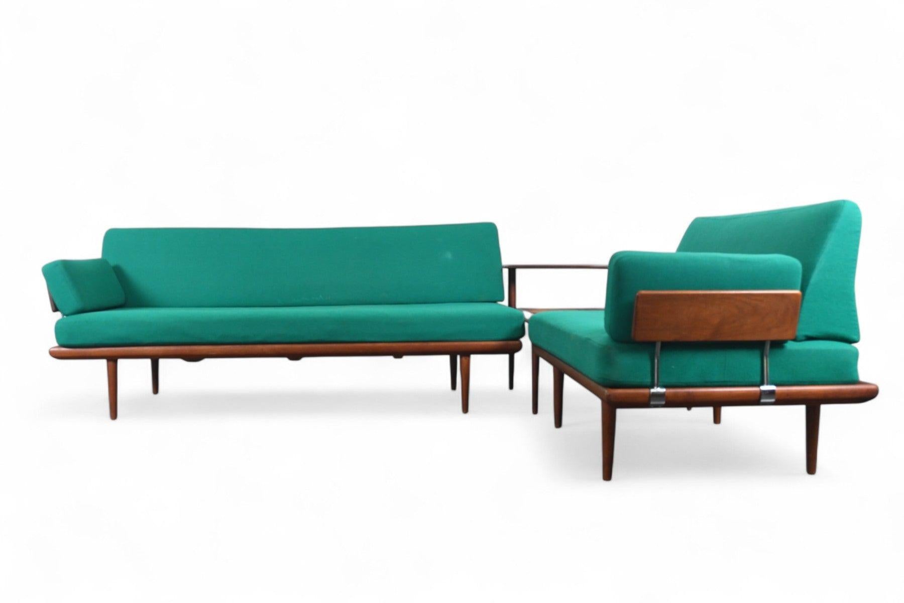 Origin: Denmark
Designer: Peter Hvidt + Orla Mølgaard Nielsen
Manufacturer: France + Søn
Era: 1958
Materials: Teak, Wool
Measurements:
Three Seat Sofa: 75″ wide x 30″” deep x 32.5″ tall 
Loveseat: 47.5″ wide x 30″” deep x 32.5″ tall 
Seat Height: