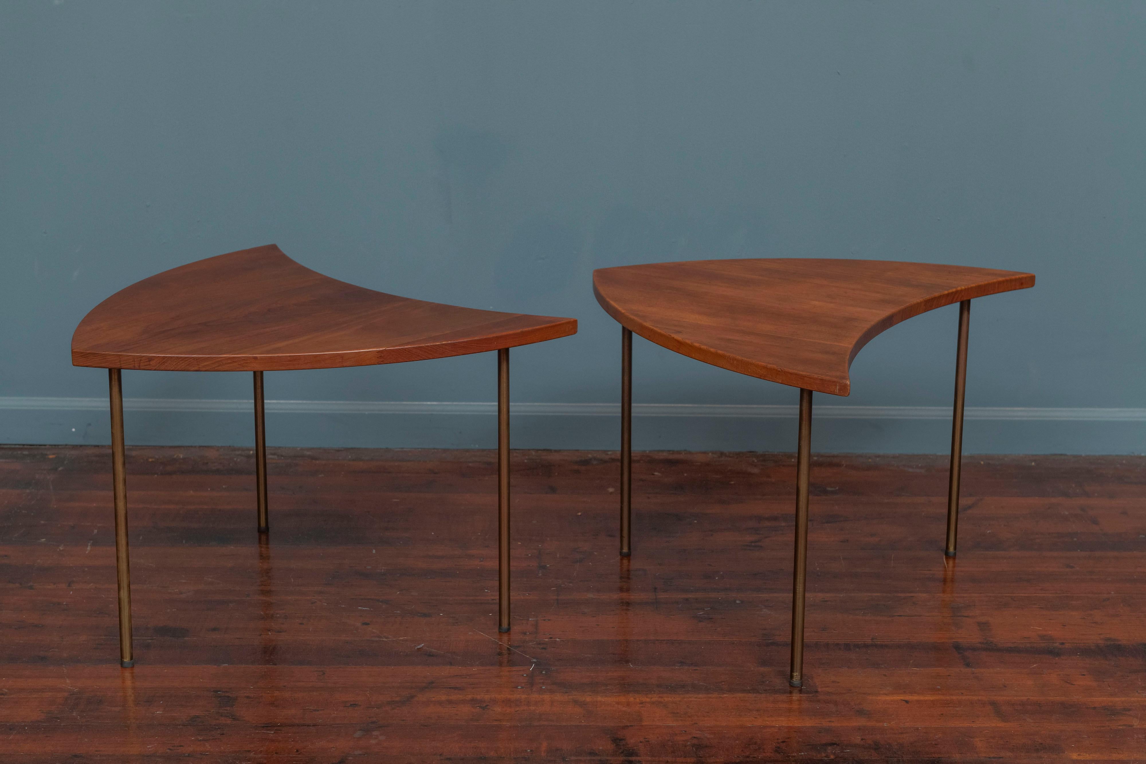 Peter Hvidt design solid teak model 523 side tables for France & Son. Wonderful shield shape tops with patinated brass legs and original feet intact, labeled.