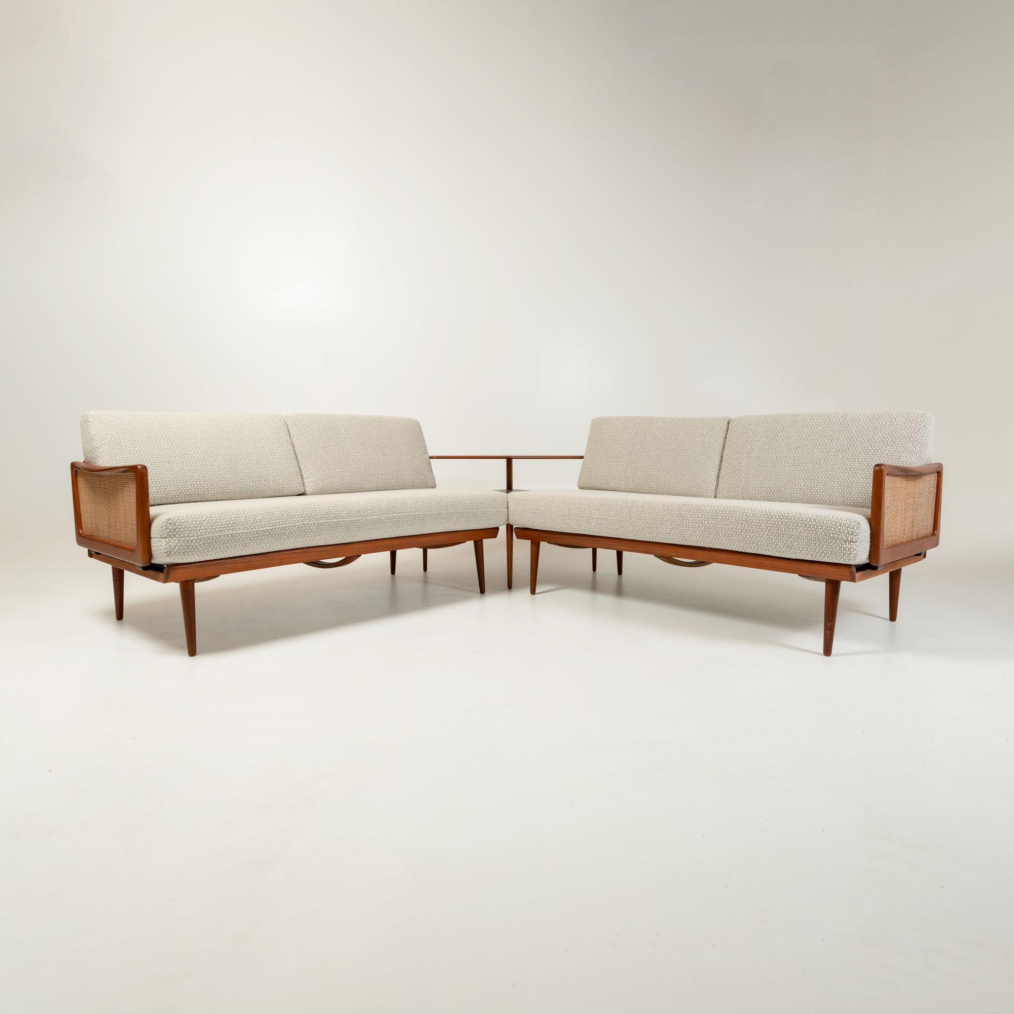 Fully Restored FD451 Sectional Sofas, designed by Peter Hvidt & Orla Mølgaard Nielsen and produced by France & Son. Cushions retained the original spring frame, while getting new foam and newly reupholstered in Salt and Pepper Bouclé.

This set