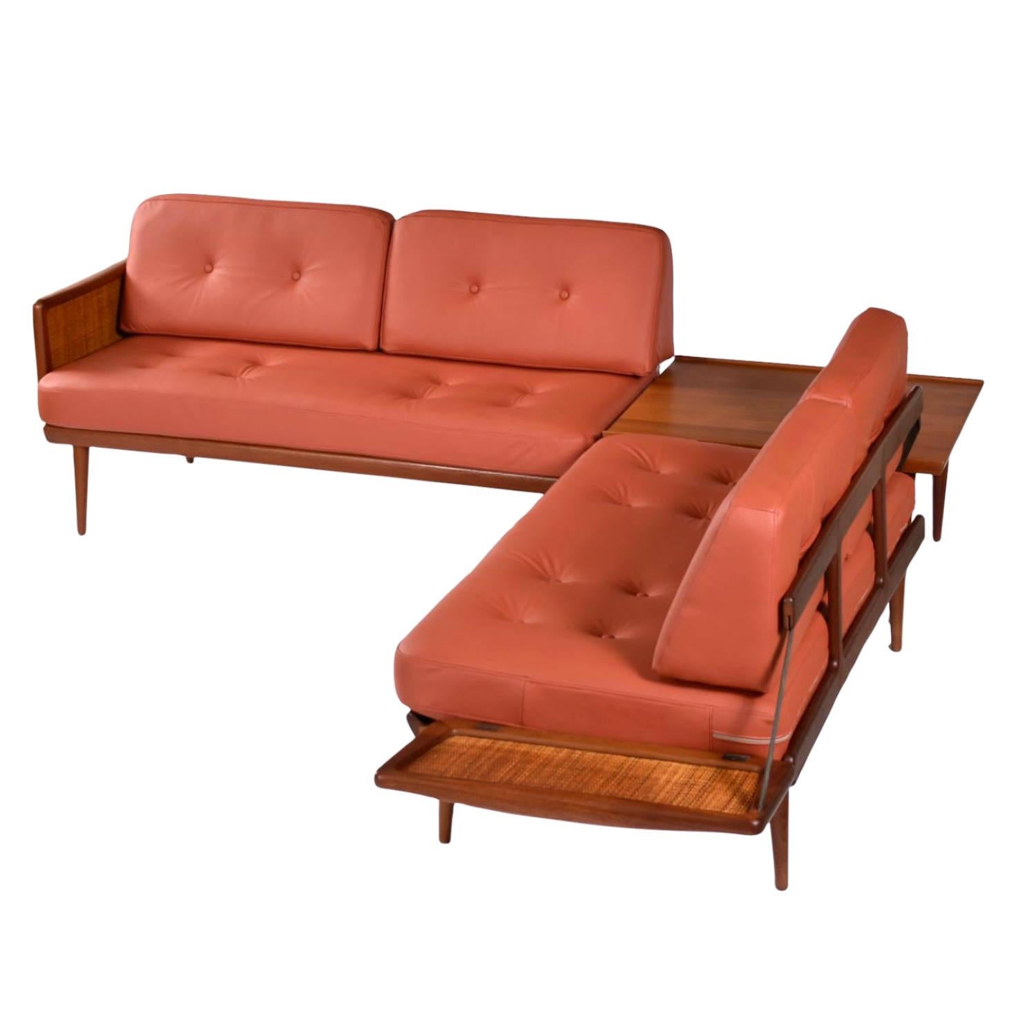 Peter Hvidt and Orla Mølgaard created many enduring and sought-after modern Scandinavian designs. This leather sofa set is an archetypal example of their mastery.  Lovingly restored, Mid-Century Modern FD451 daybed sofas set designed by Peter Hvidt