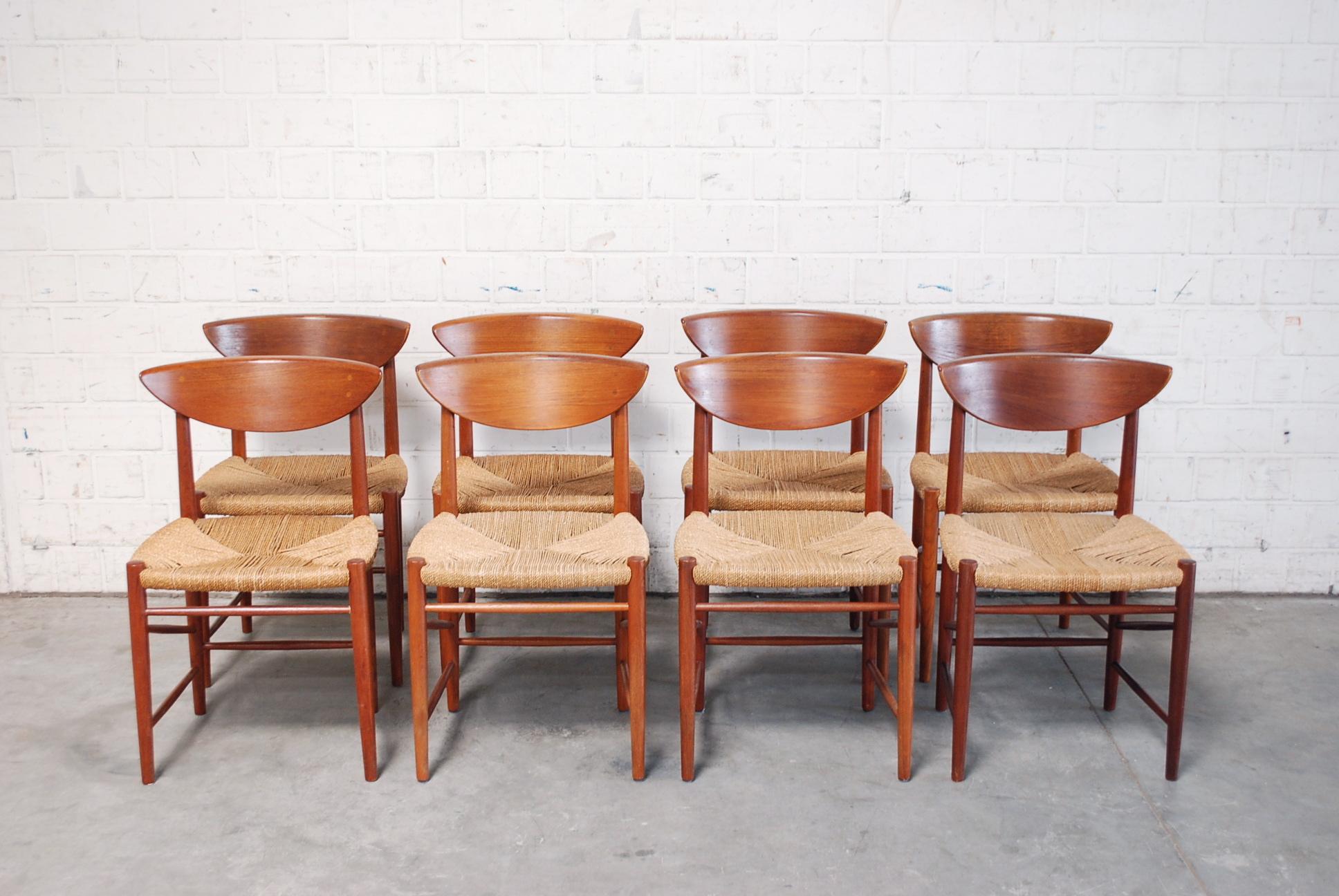 This set of 8 dining chairs model 316, was designed by Peter Hvidt and Orla Mølgaard Nielsen for Søborg Møbelfabrik. 
They are made from teak and feature the original paper cord. 
Good vintage condition.