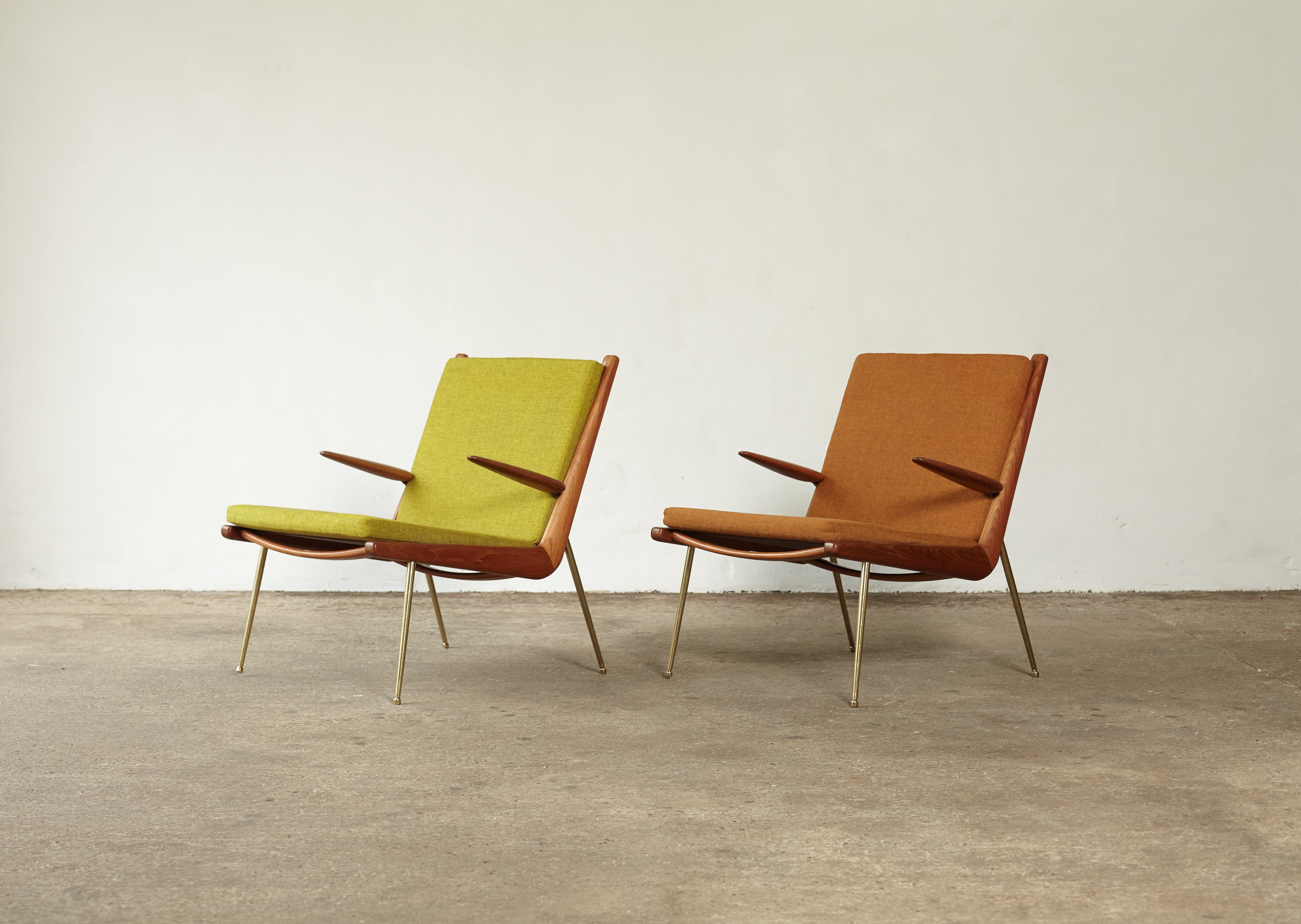 A pair of Peter Hvidt and Orla Mølgaard-Nielsen boomerang chairs for France & Søn / France & Daverkosen, Denmark, 1960s. Cushions are loose and easy to recover in a different fabric if desired, we can assist with this if required.