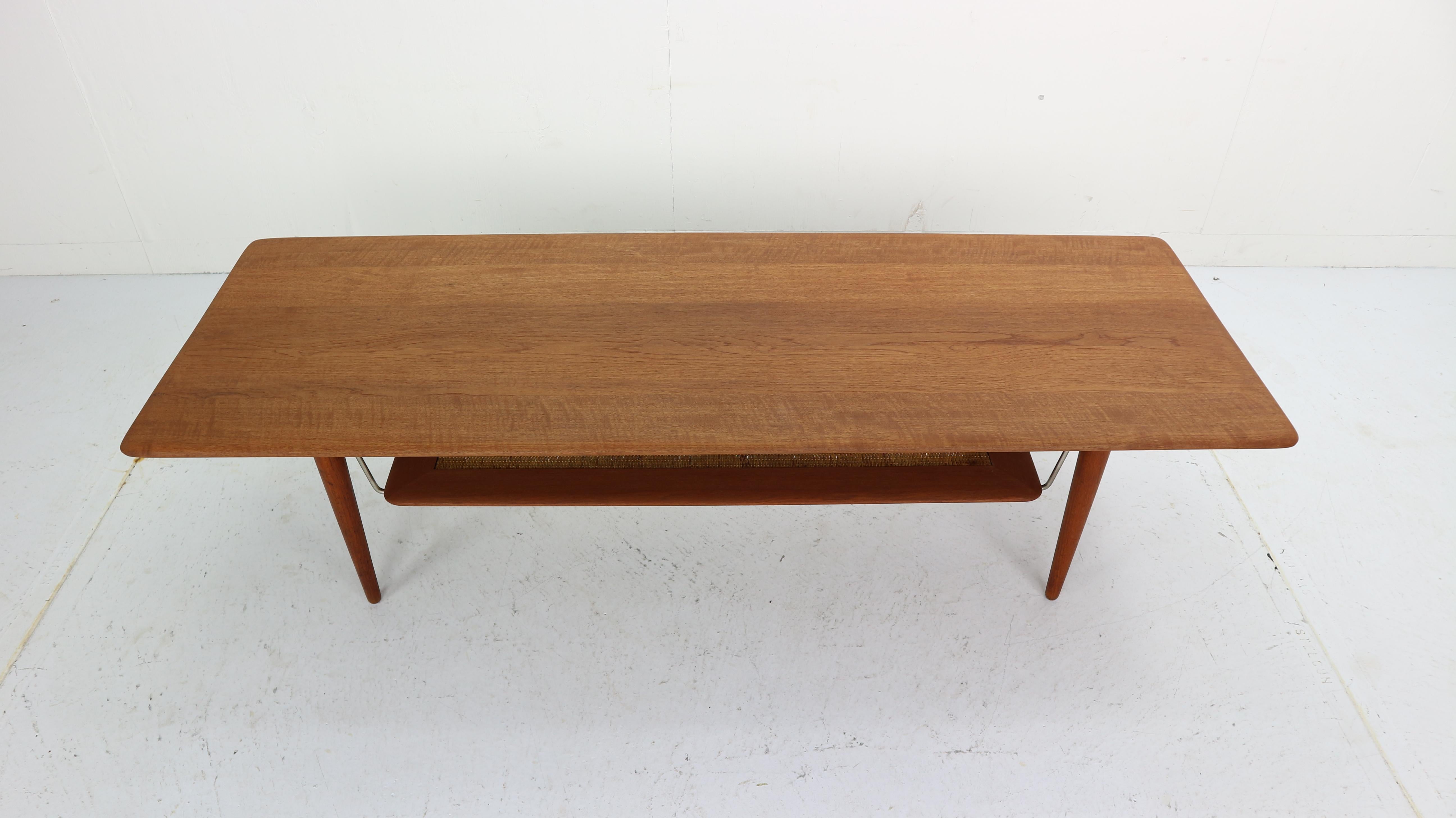 Mid-20th Century Peter Hvidt & Orla Mølgaard Nielsen Coffee Table with Cane Shelf M-FD516, 1956