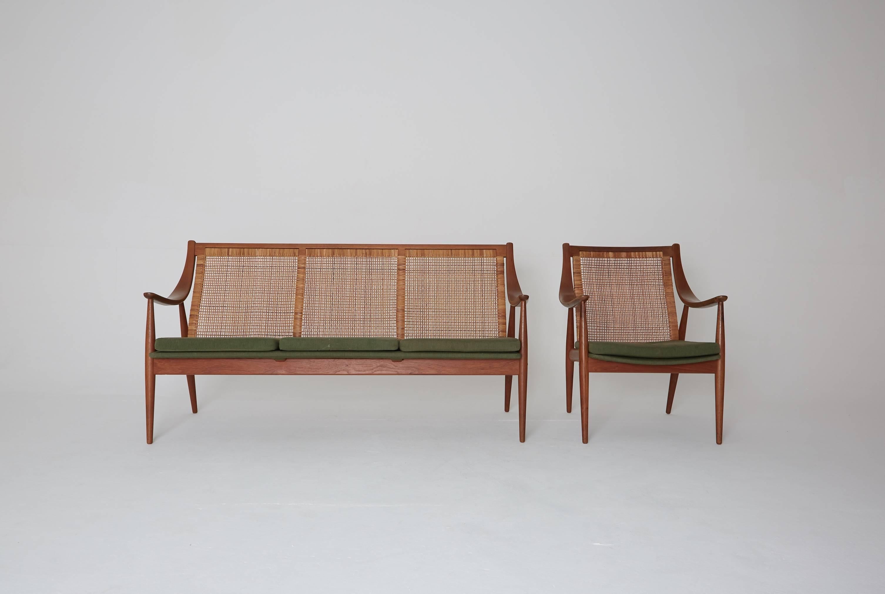 A rare Peter Hvidt & Orla Mølgaard-Nielsen FD 146 sofa and chair, Denmark, 1950s with original green fabric seats.