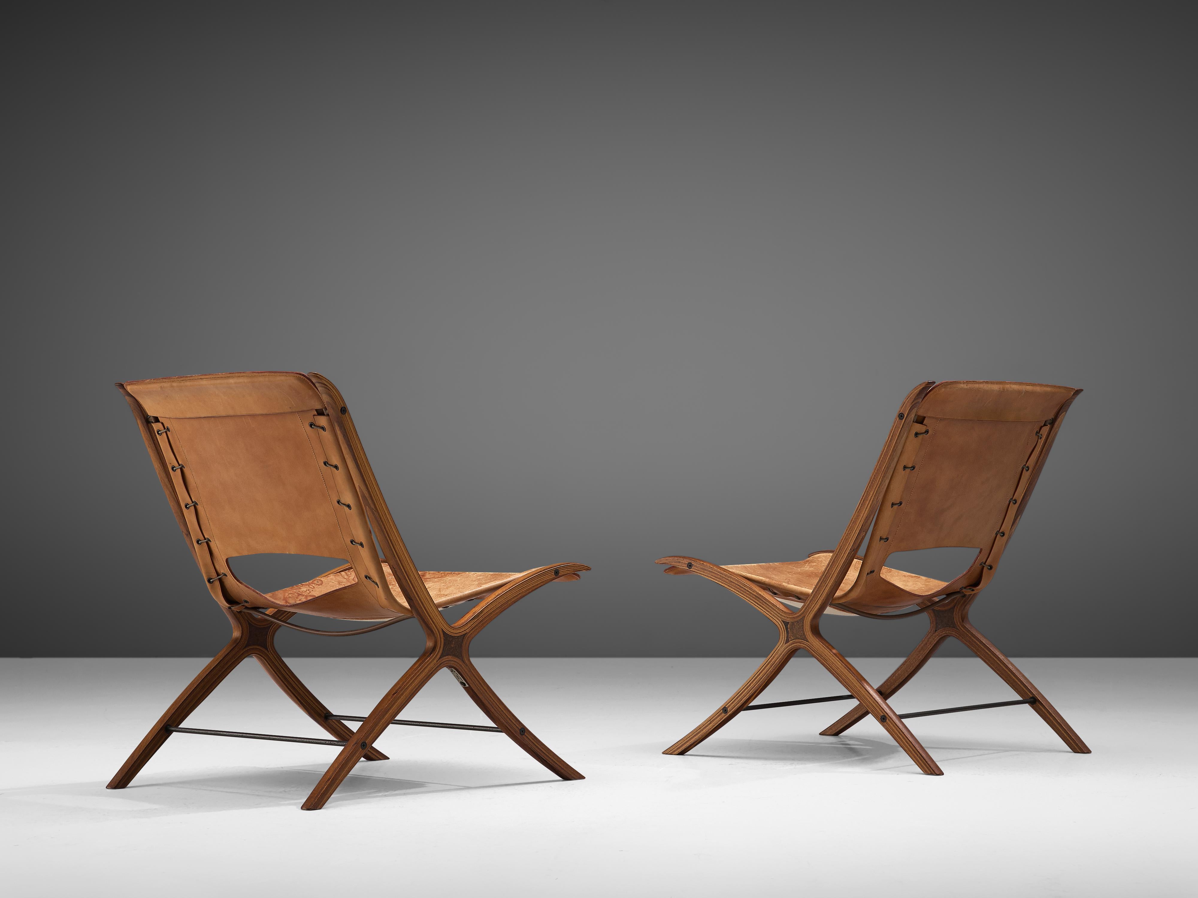 Danish Peter Hvidt & Orla Mølgaard Nielsen Pair of 'X-Chairs' in Cognac Leather