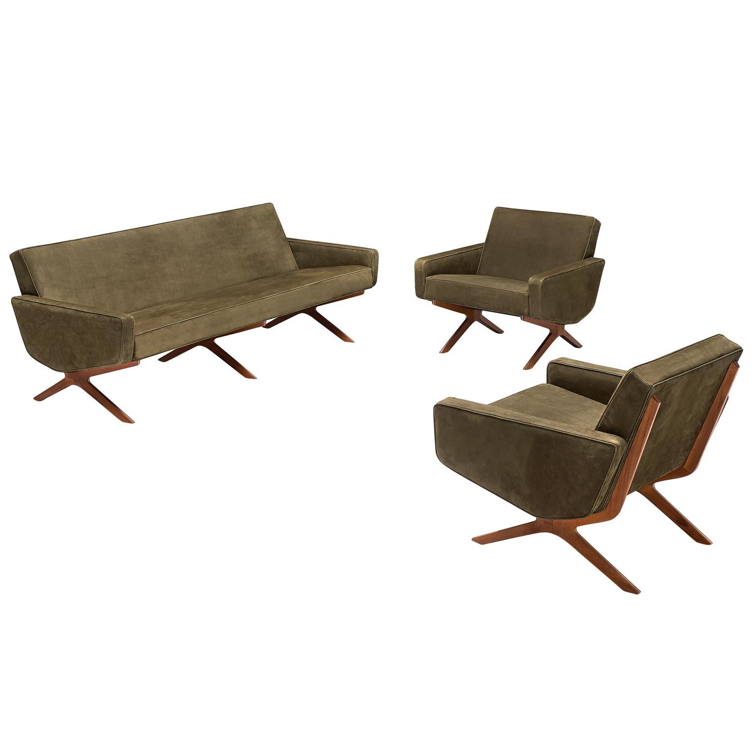 Peter Hvidt and Orla Mølgaard Nielsen Reupholstered Green Leather Living Room Set For Sale at