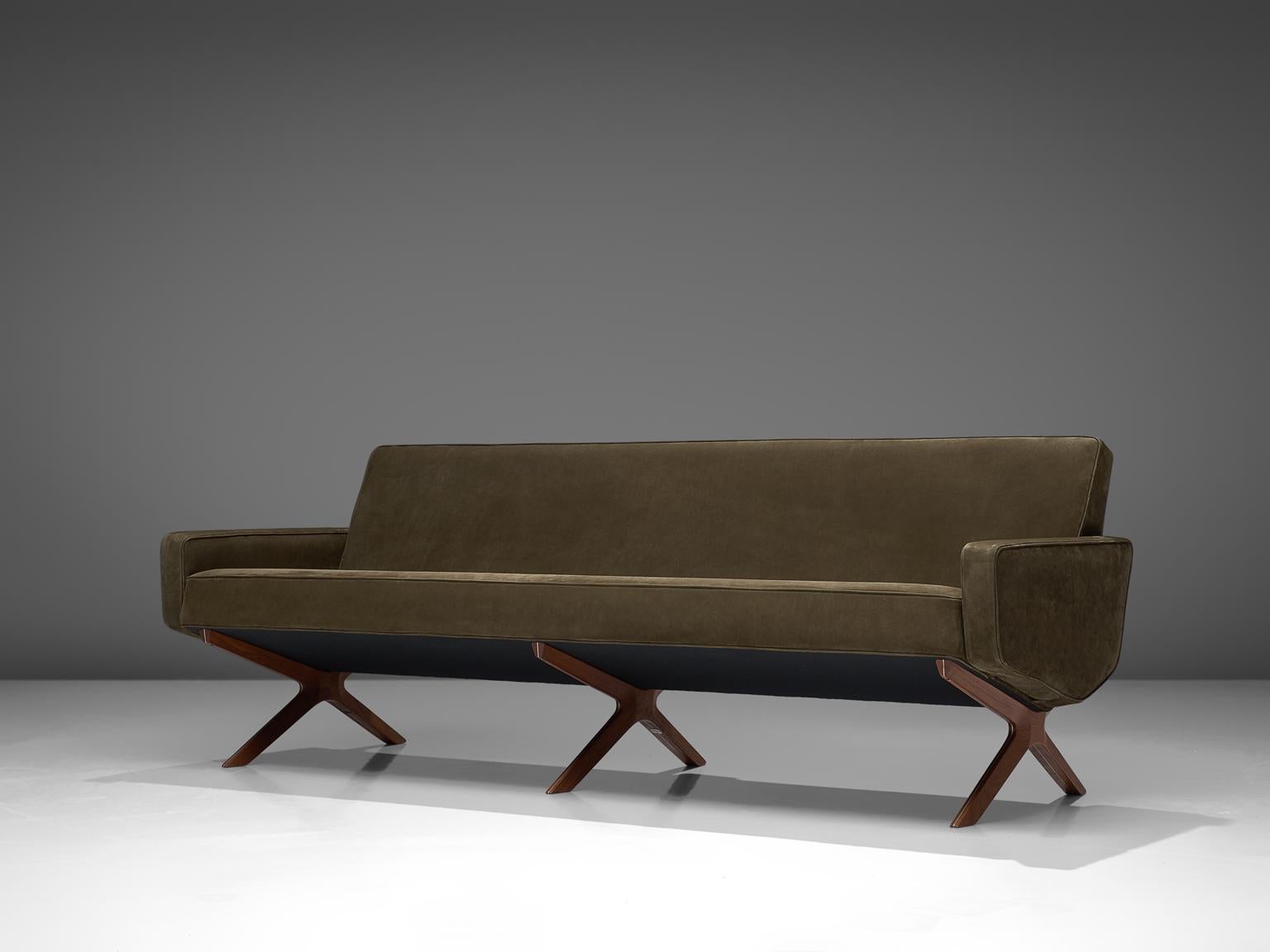 Scandinavian Modern Peter Hvidt & Orla Mølgaard Nielsen Reupholstered Green Leather Silverline Sofa