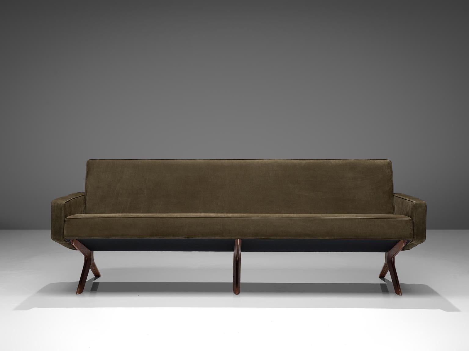 European Peter Hvidt & Orla Mølgaard Nielsen Reupholstered Green Leather Silverline Sofa 