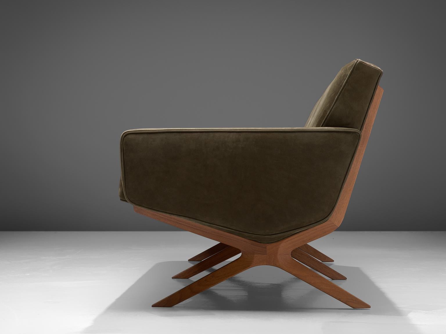 Peter Hvidt & Orla Mølgaard Nielsen Reupholstered Green Leather Silverline Sofa In Excellent Condition In Waalwijk, NL