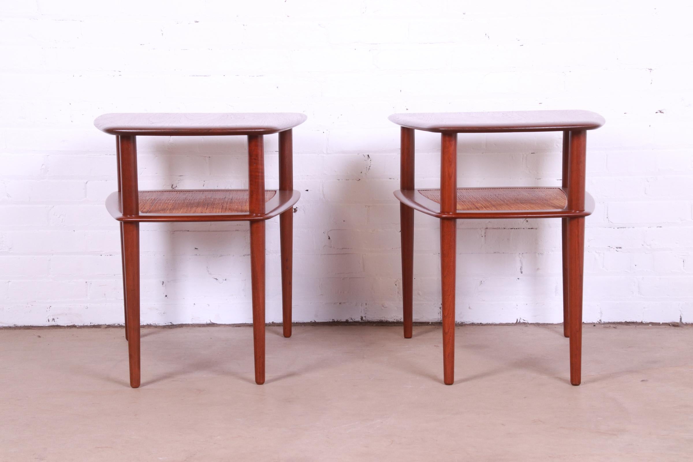 Peter Hvidt & Orla Mølgaard-Nielsen Teak and Cane Side Tables, Newly Refinished In Good Condition In South Bend, IN