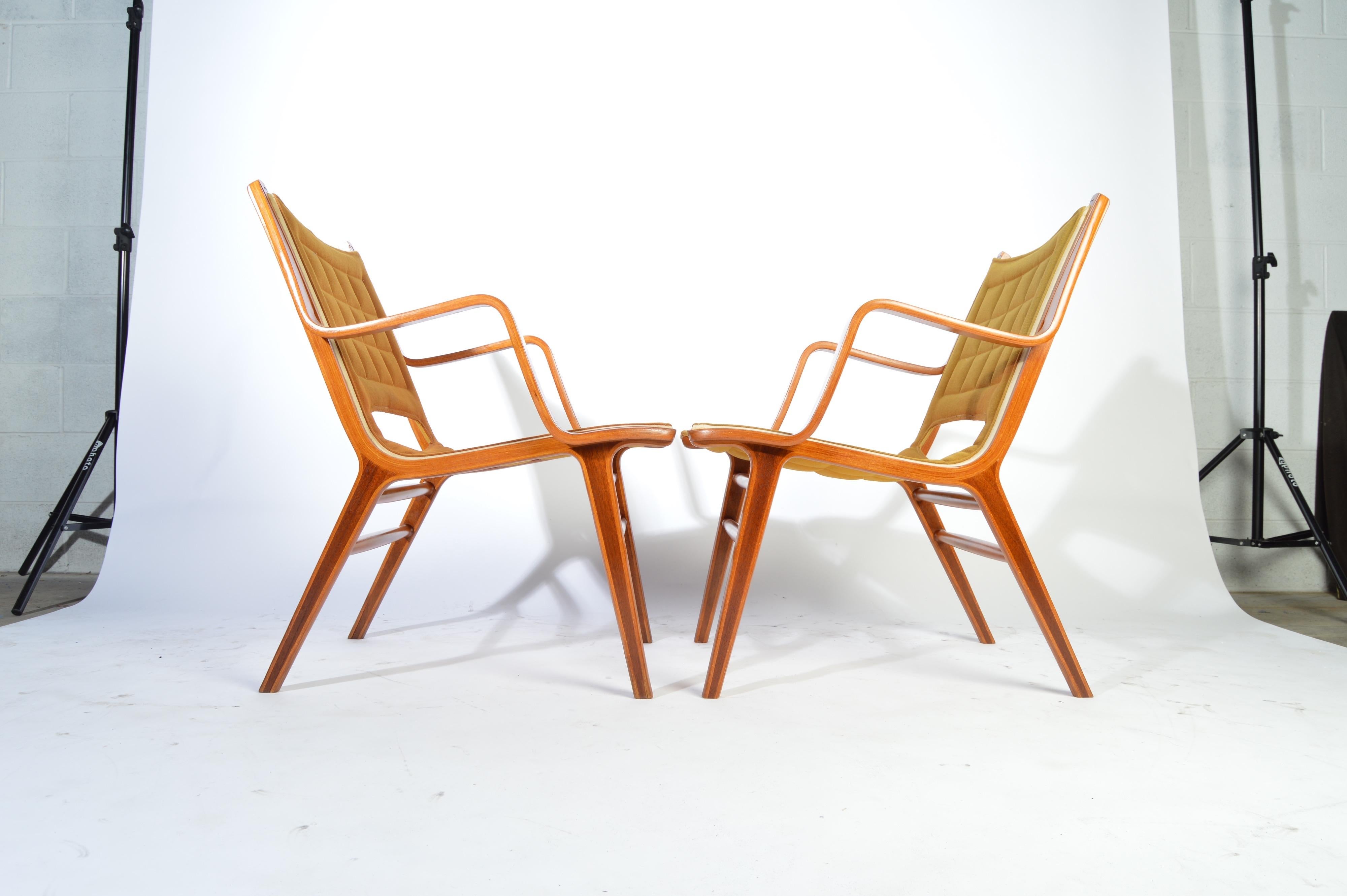 Pair of Ax Bentwood Armchairs by Peter Hvidt & Orla Møllgaard Nielsen for Fritz Hansen, circa 1950
Outstanding overall condition with minor signs of use to original upholstery. Cushion nubs are buoyant and comfortable. Masterfully refinished and