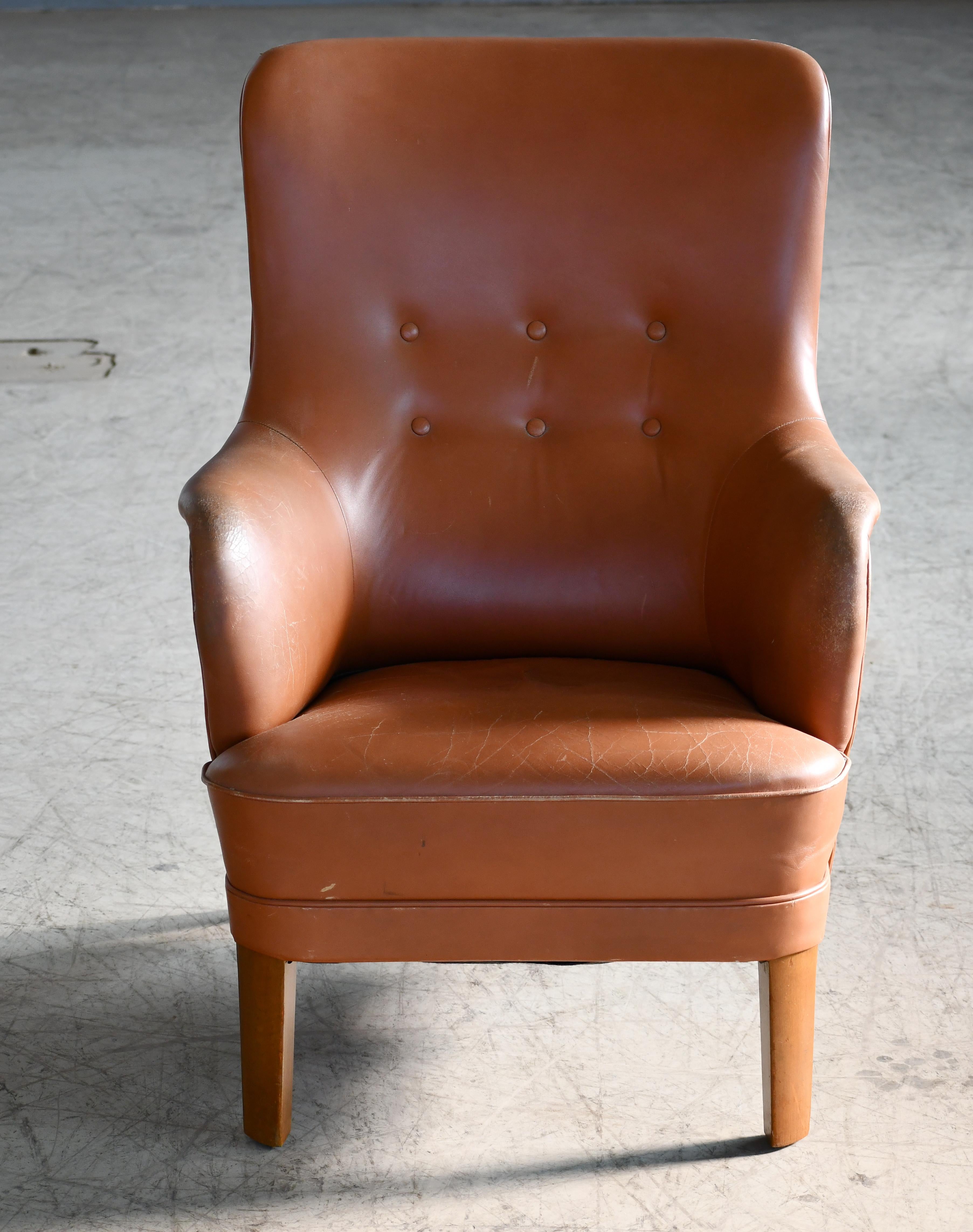 Mid-Century Modern Peter Hvidt & Orla Molgaard Classic Danish 1950s Lounge Chair in Leather For Sale