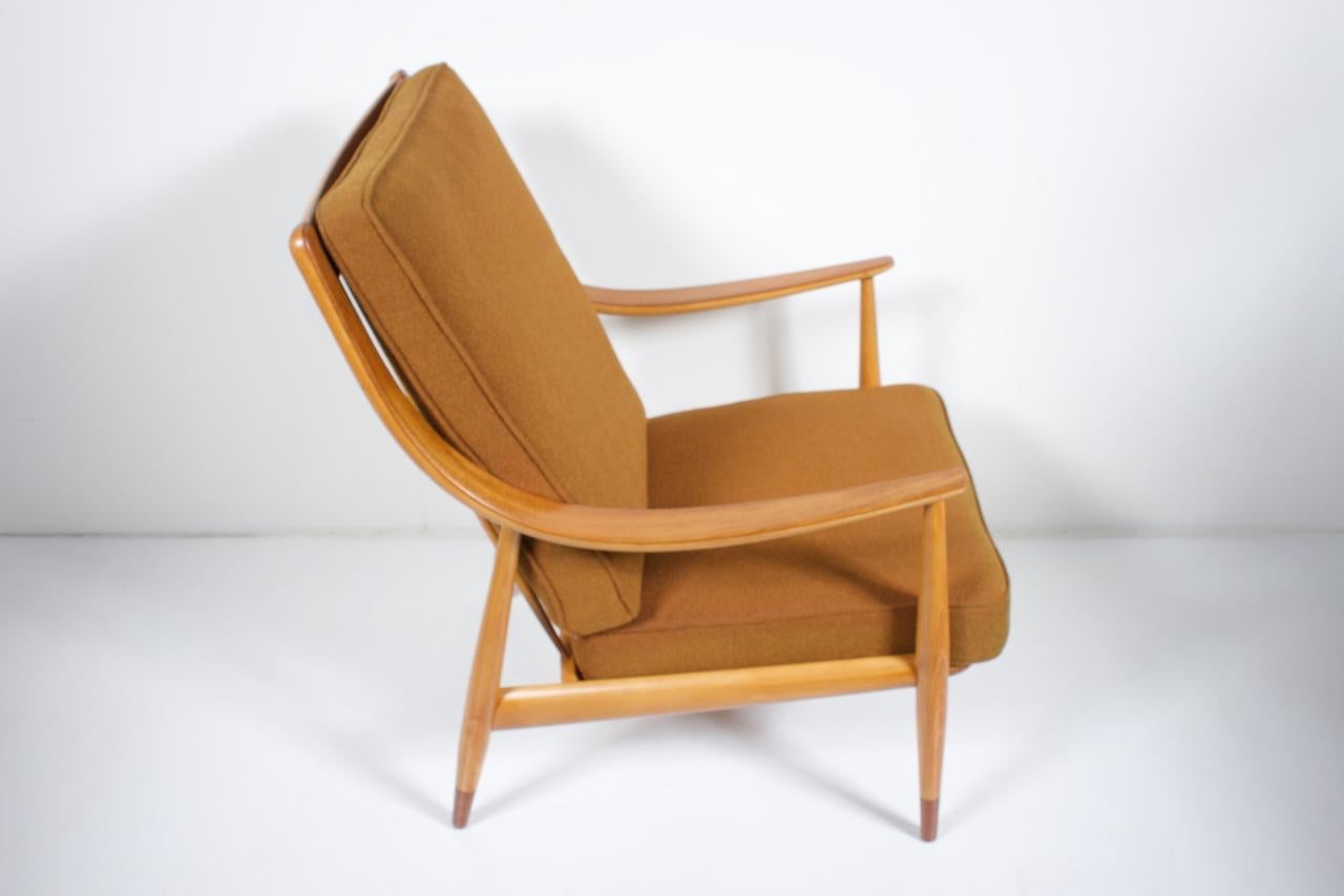 Scandinavian Modern Peter Hvidt, Orla Molgaard France & Daverhosen Beech Teak High Back Lounge Chair For Sale