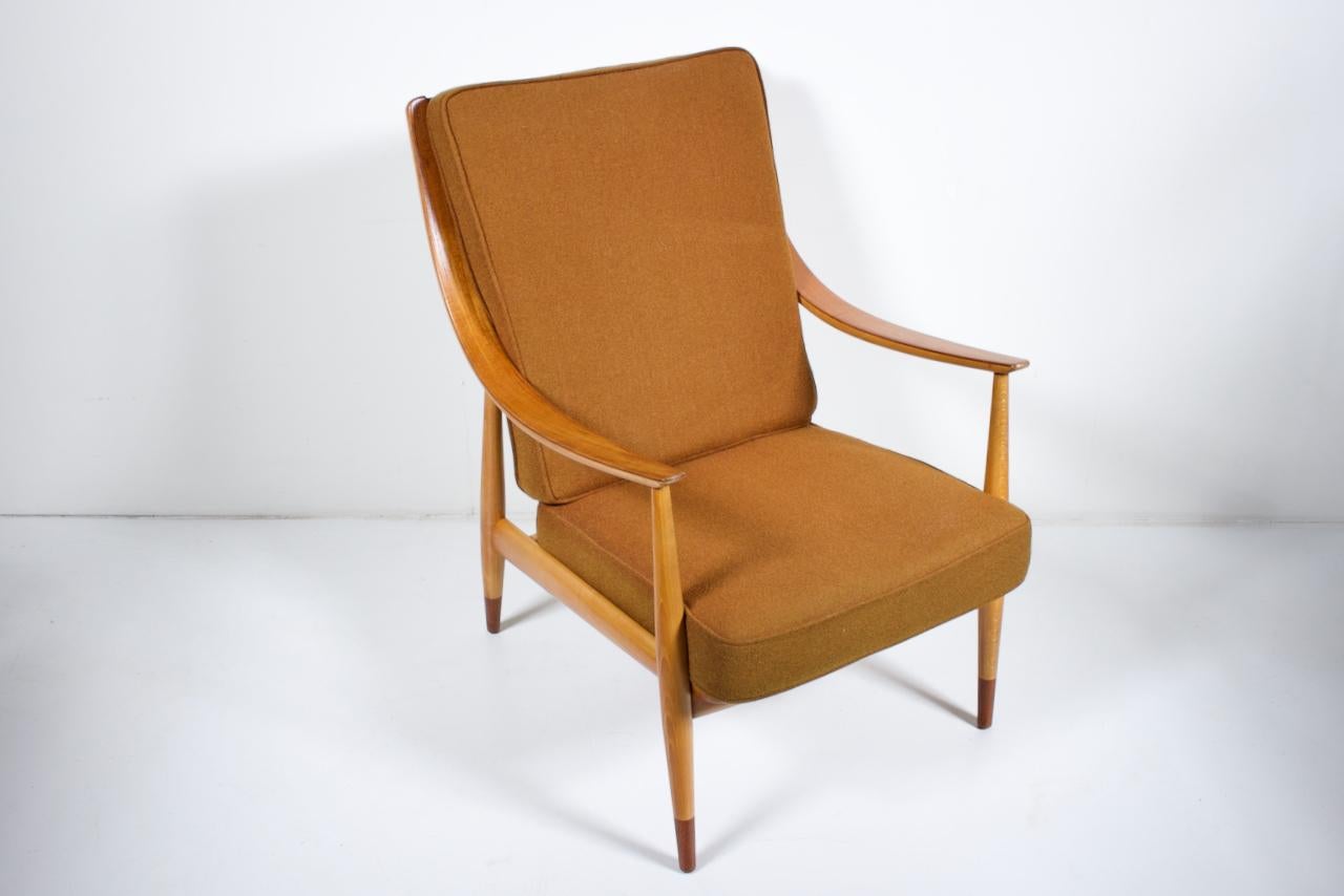 Danish Peter Hvidt, Orla Molgaard France & Daverhosen Beech Teak High Back Lounge Chair For Sale