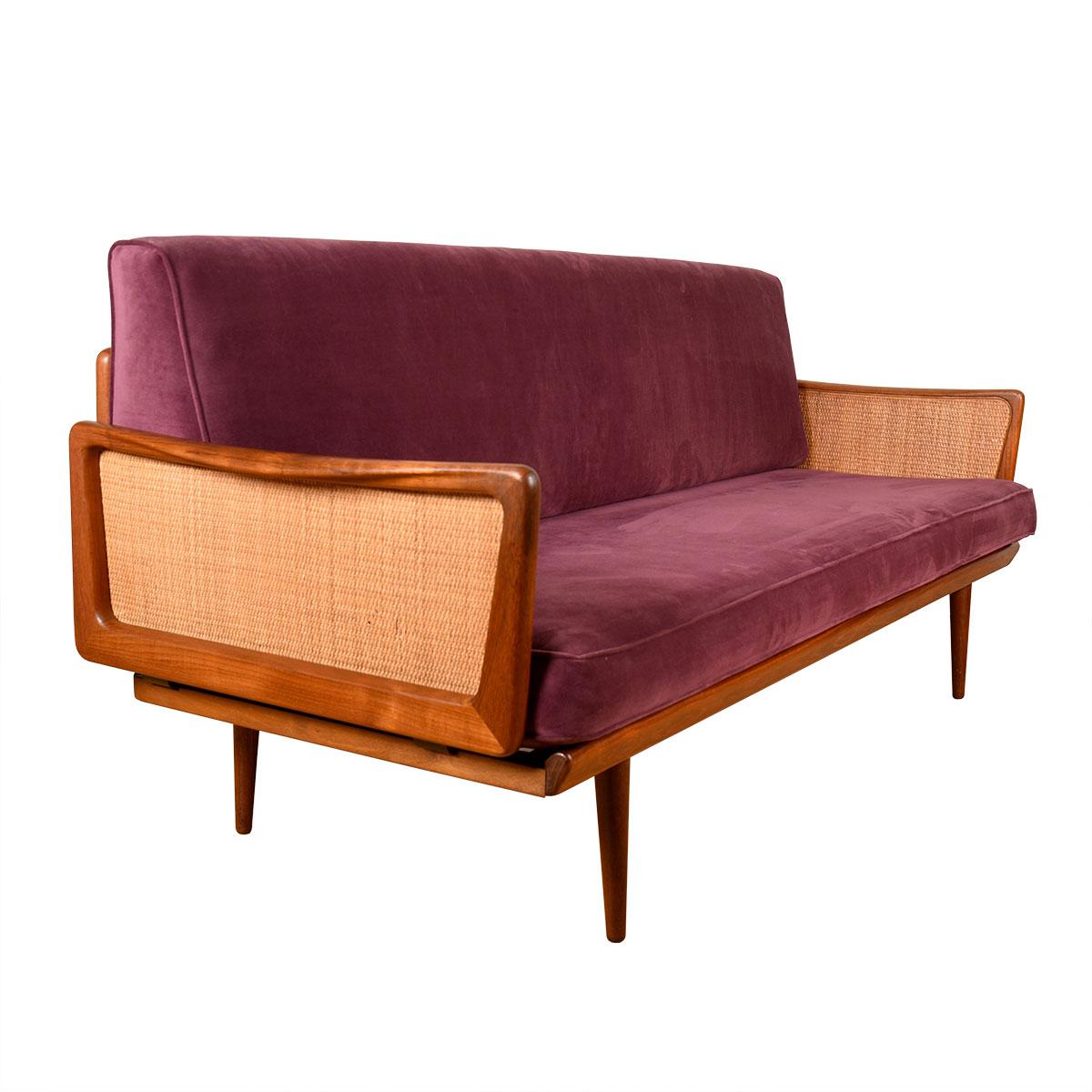 Mid-Century Modern Peter Hvidt + Orla Molgaard-Nielsen Danish Teak Frame Purple Sofa w. Caned Back
