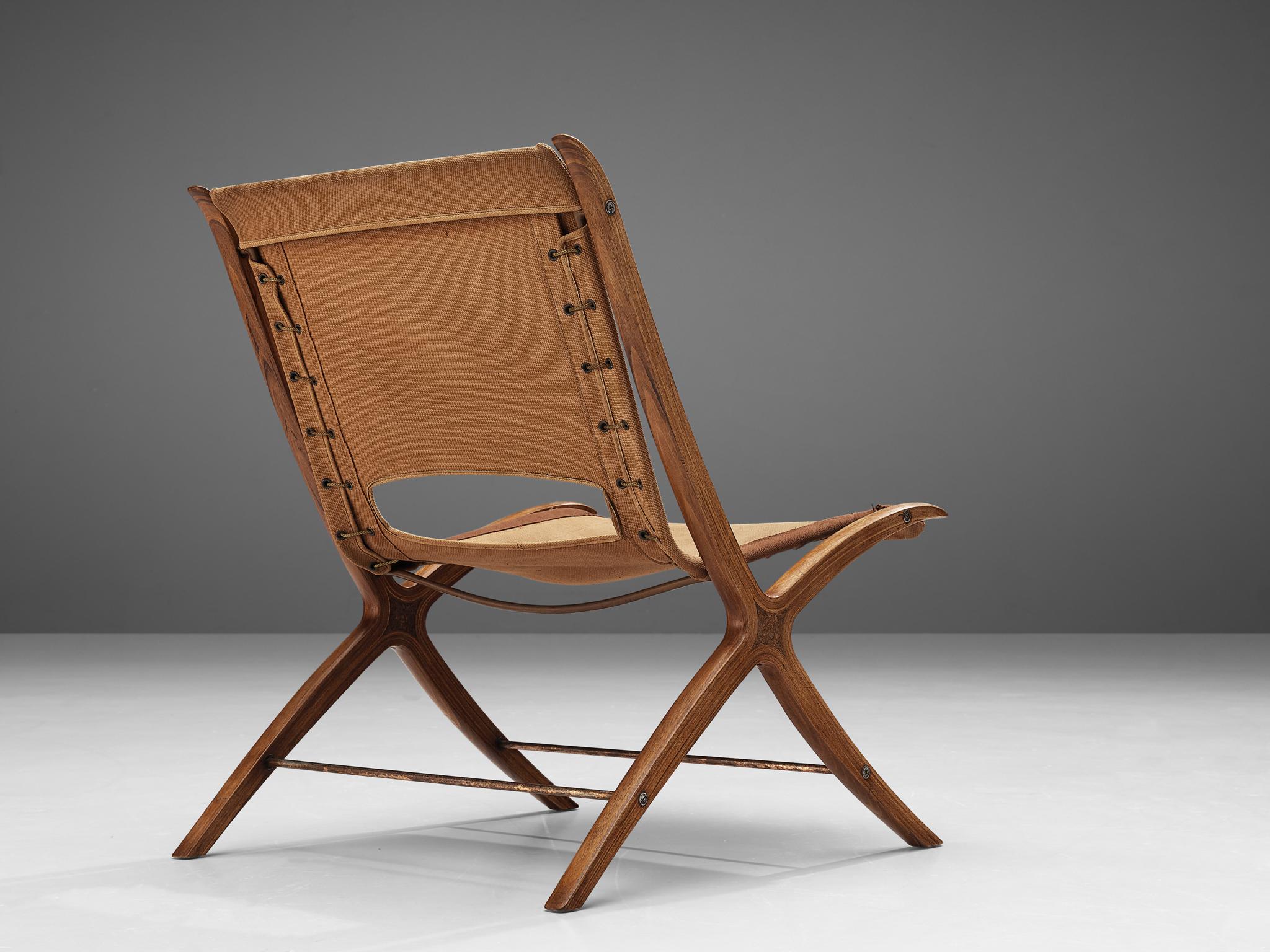 Danish Peter Hvidt & Orla Molgaard Nielsen 'X' Chair in Cognac Brown Canvas For Sale