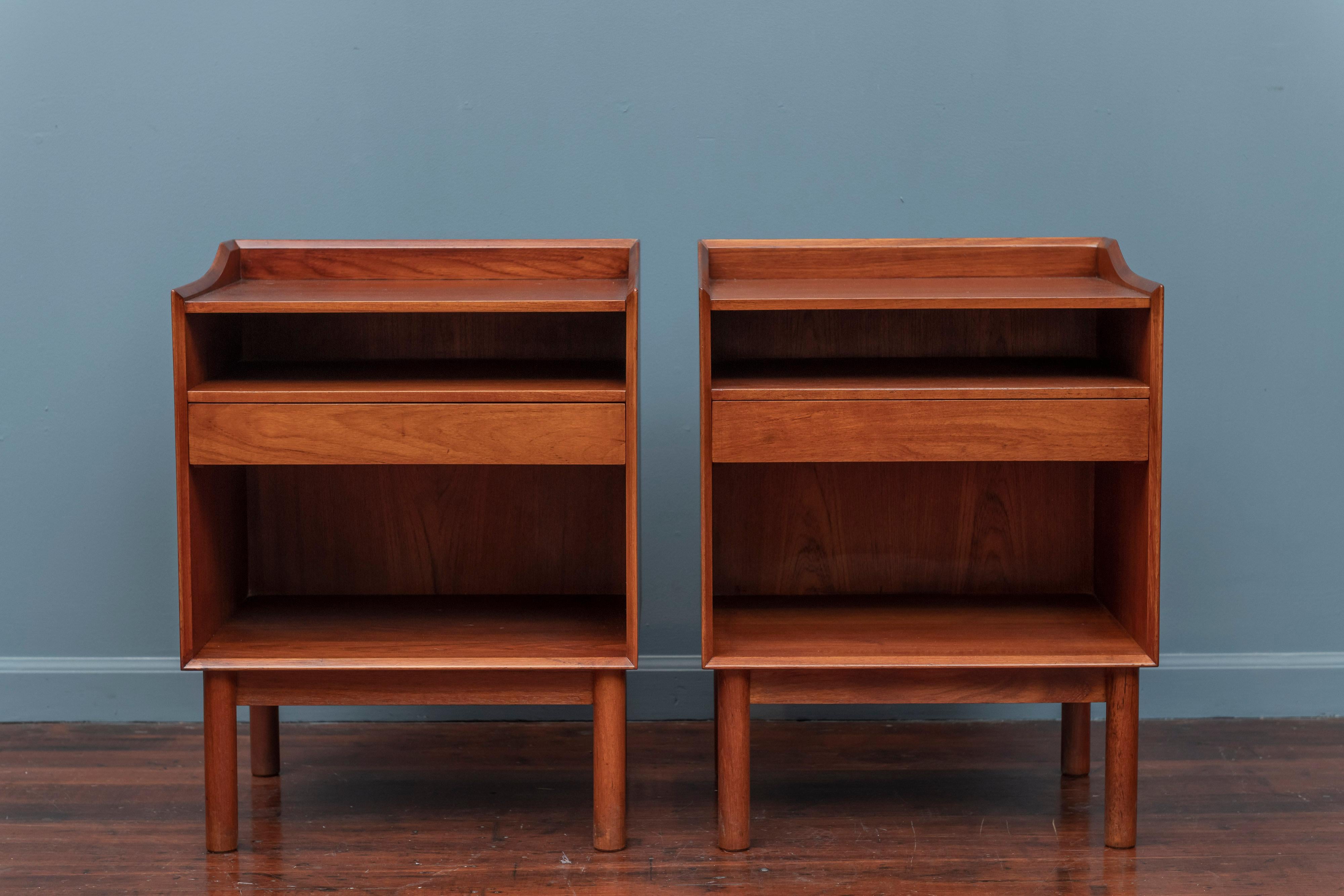 Peter Hvidt & Orla Molgaard design teak nightstands or end tables, Denmark. High quality construction and attention to detail with a single drawer, newly refinished.