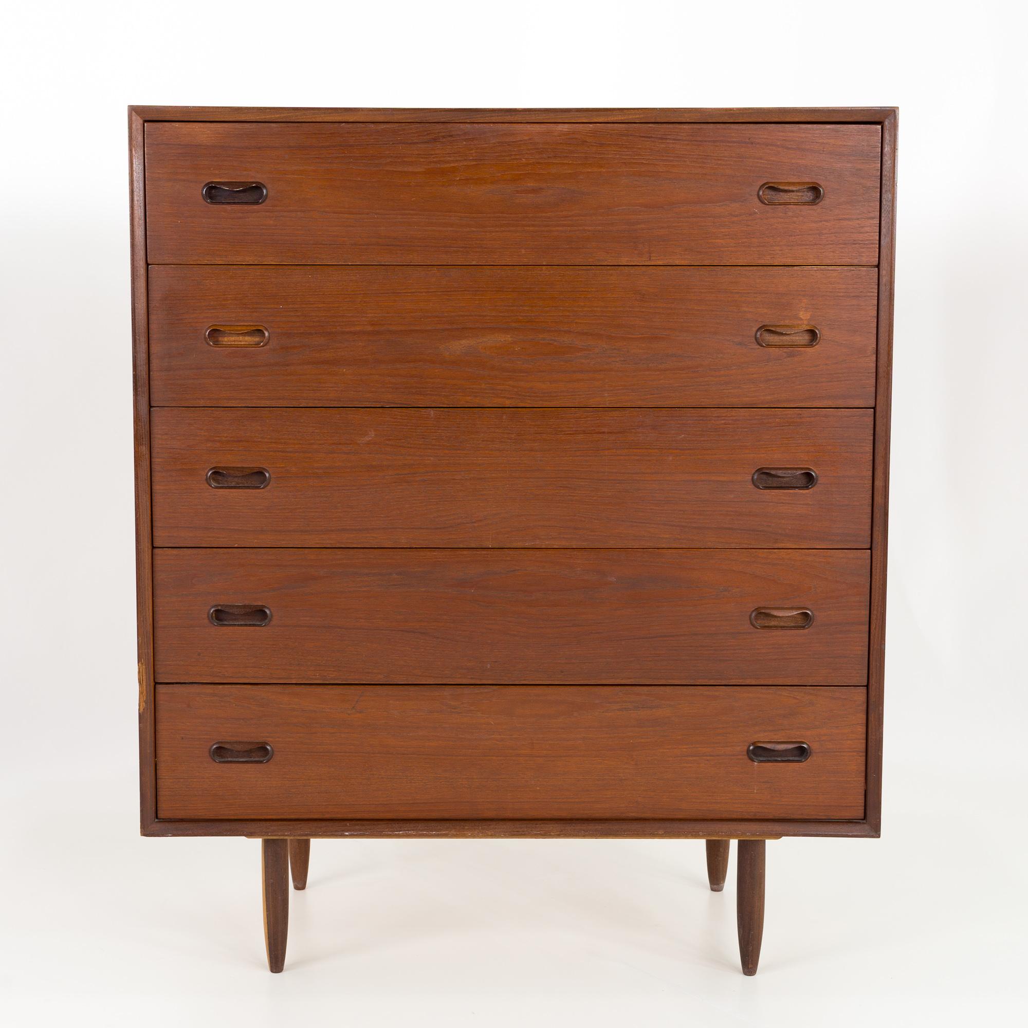 Peter Hvidt style midcentury Danish teak 5-drawer highboy dresser chest
Measures: 36 wide x 18 deep x 43 high

All pieces of furniture can be had in what we call restored vintage condition. This means the piece is restored upon purchase so it’s