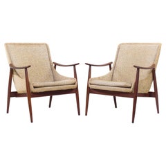 Peter Hvidt Style Mid Century Danish Teak Lounge Chairs - Pair