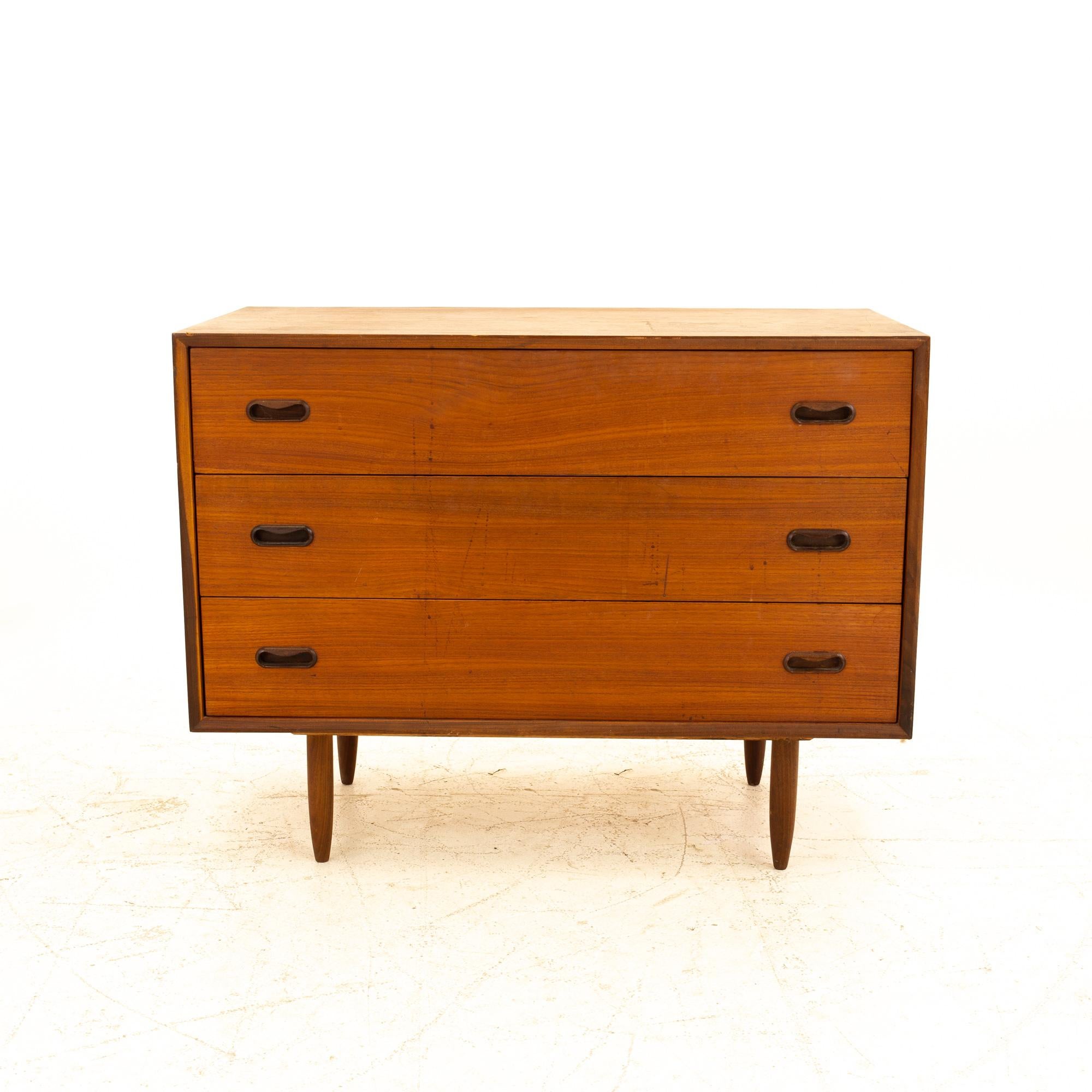 Peter Hvidt style Mid Century teak 3-drawer dresser chest of drawers

Dresser measures: 36 wide x 18 deep x 28 high

All pieces of furniture can be had in what we call restored vintage condition. That means the piece is restored upon purchase so