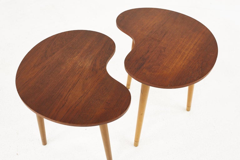 Peter Hvidt Style Mid Century Walnut Kidney Shaped Side Tables, a Pair