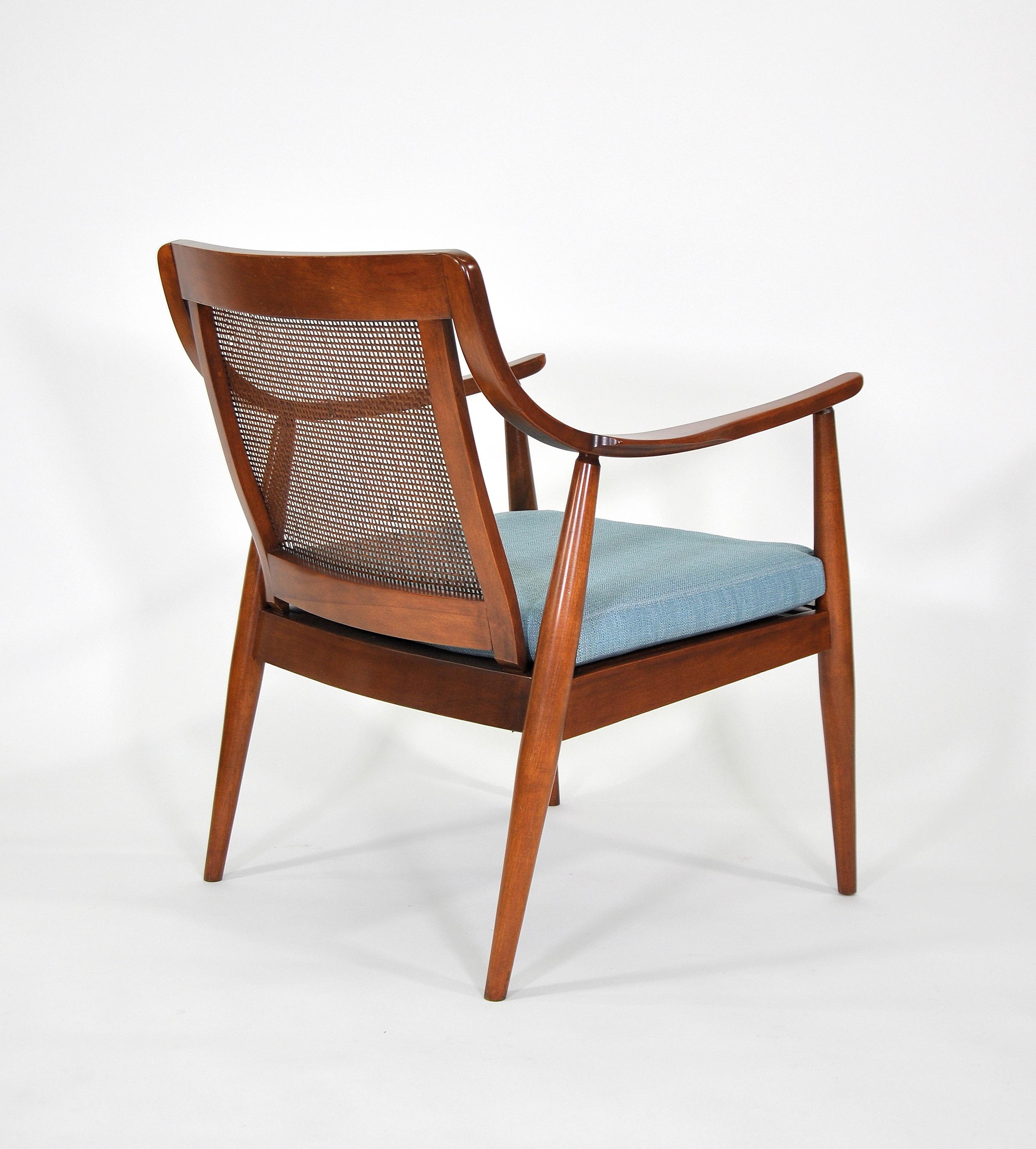 Fabric Peter Hvidt Style Walnut and Cane Lounge Chair