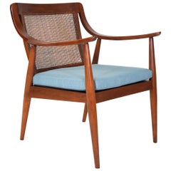 Peter Hvidt Style Walnut and Cane Lounge Chair