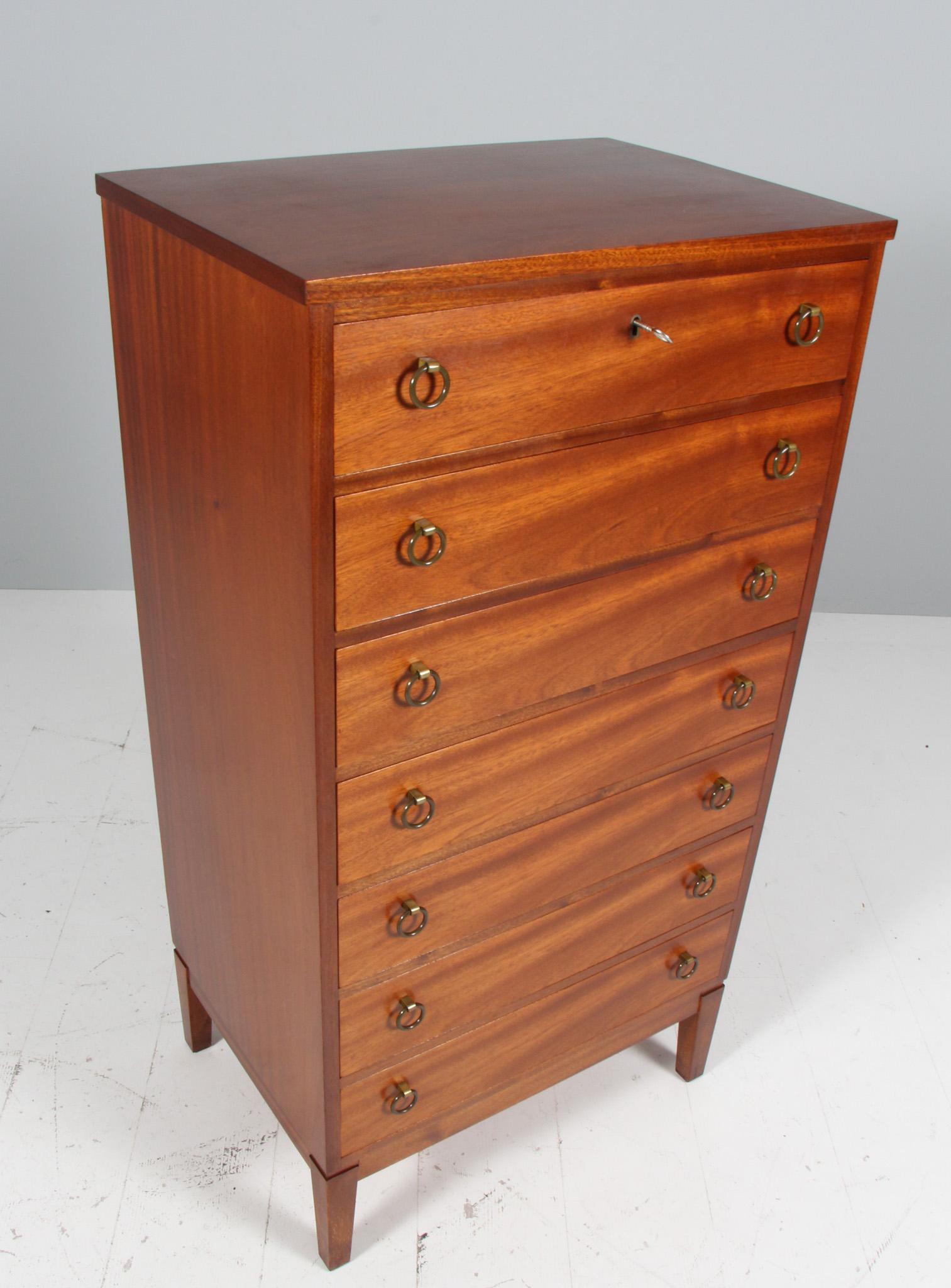Scandinavian Modern Peter Hvidt tallboy chest of drawers , Mahogany, 1940s, Denmark, Brass