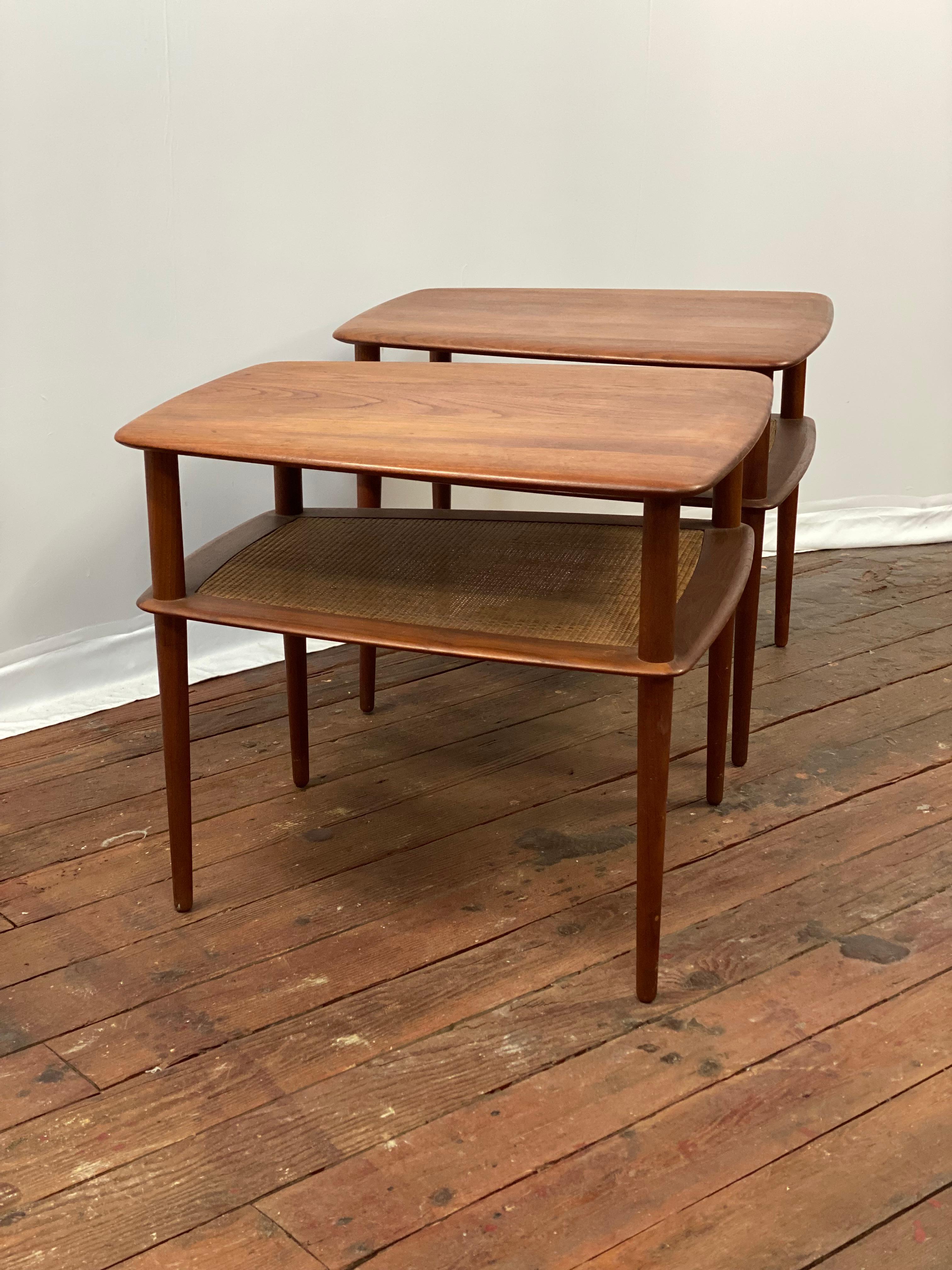 Caning Peter Hvidt Teak and Cane End Tables for France & Son For Sale