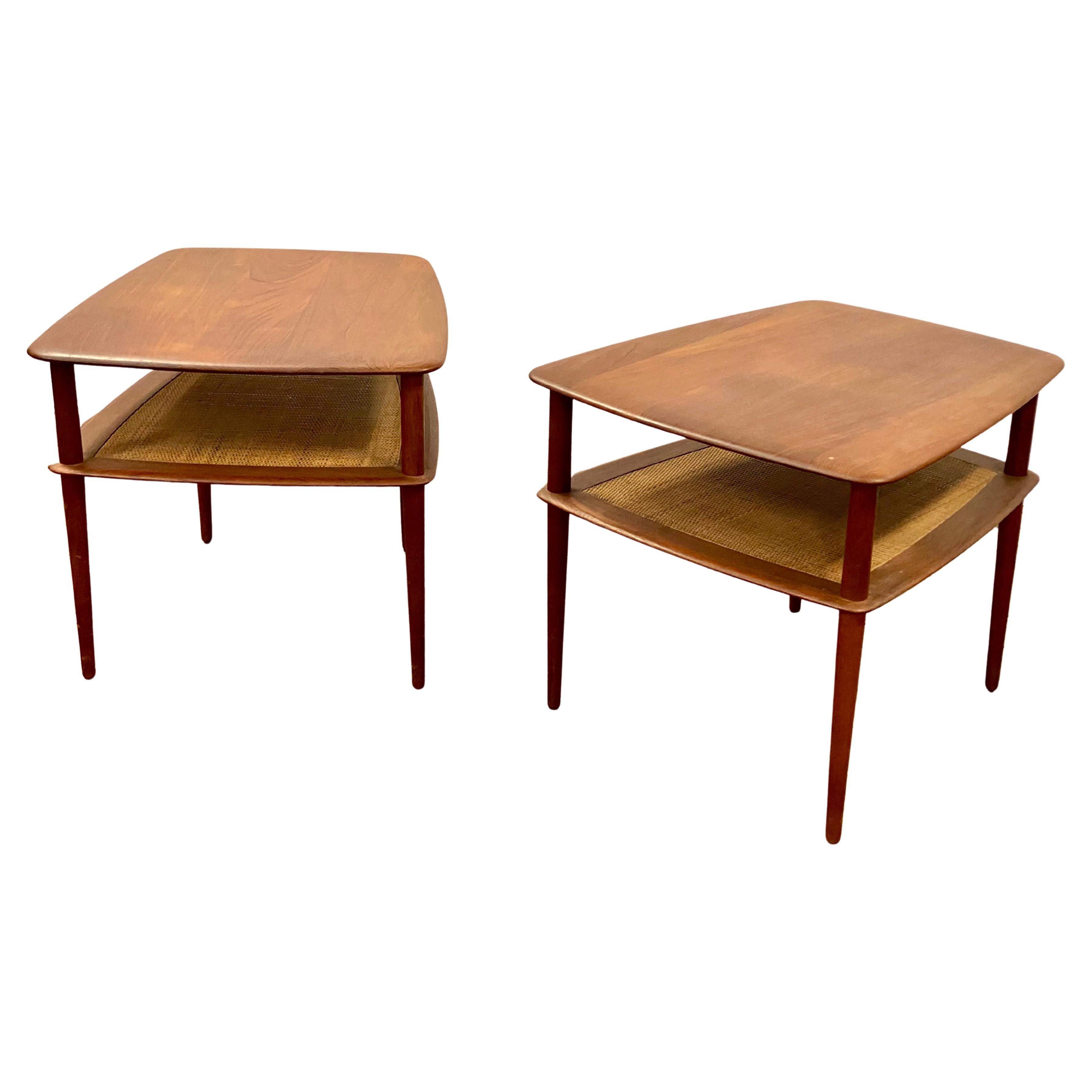 Peter Hvidt Teak and Cane End Tables for France 
Son For Sale