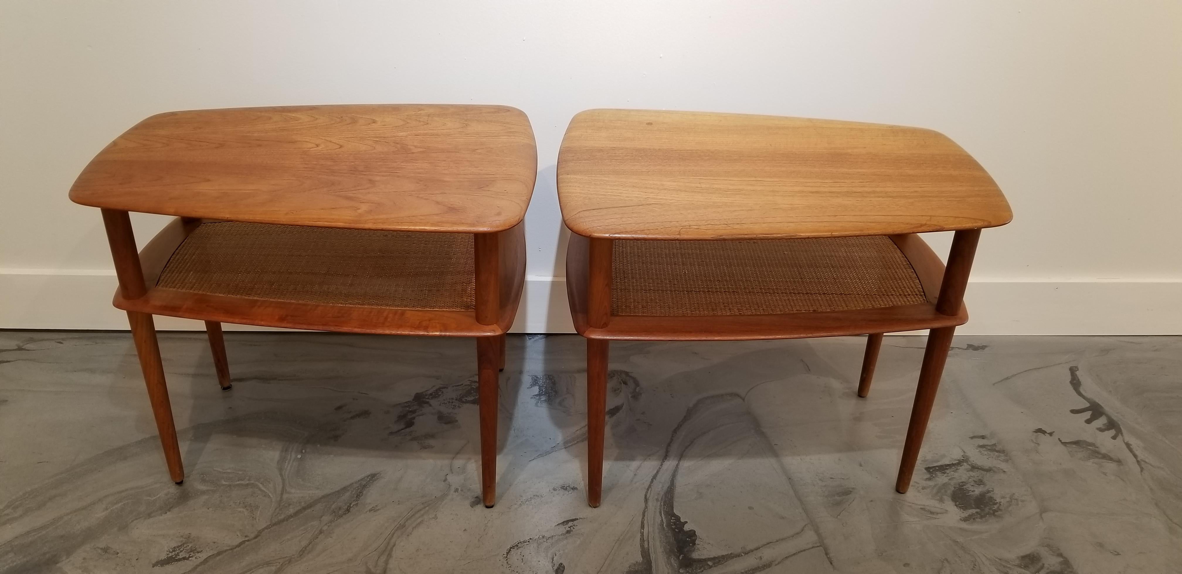 Cane Peter Hvidt Teak Danish Modern End Tables, A Pair For Sale