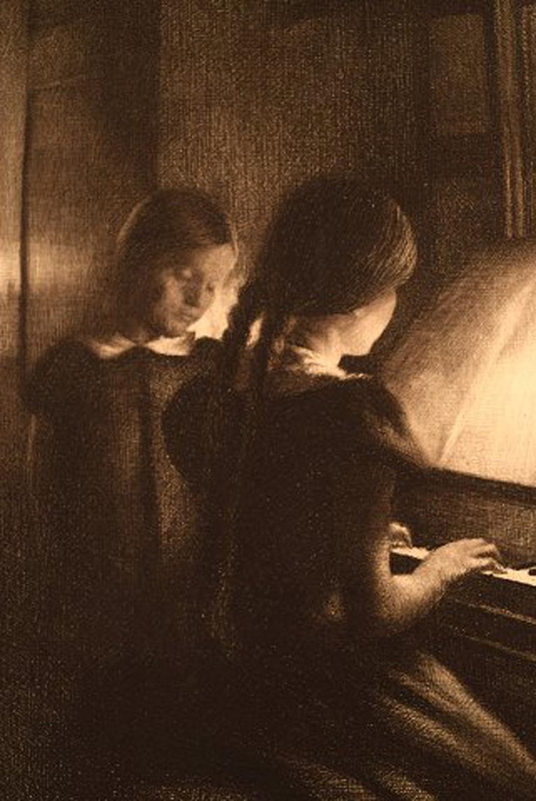 Edwardian Peter Ilsted, Interior with Two Girls at the Piano, Etching, circa 1900