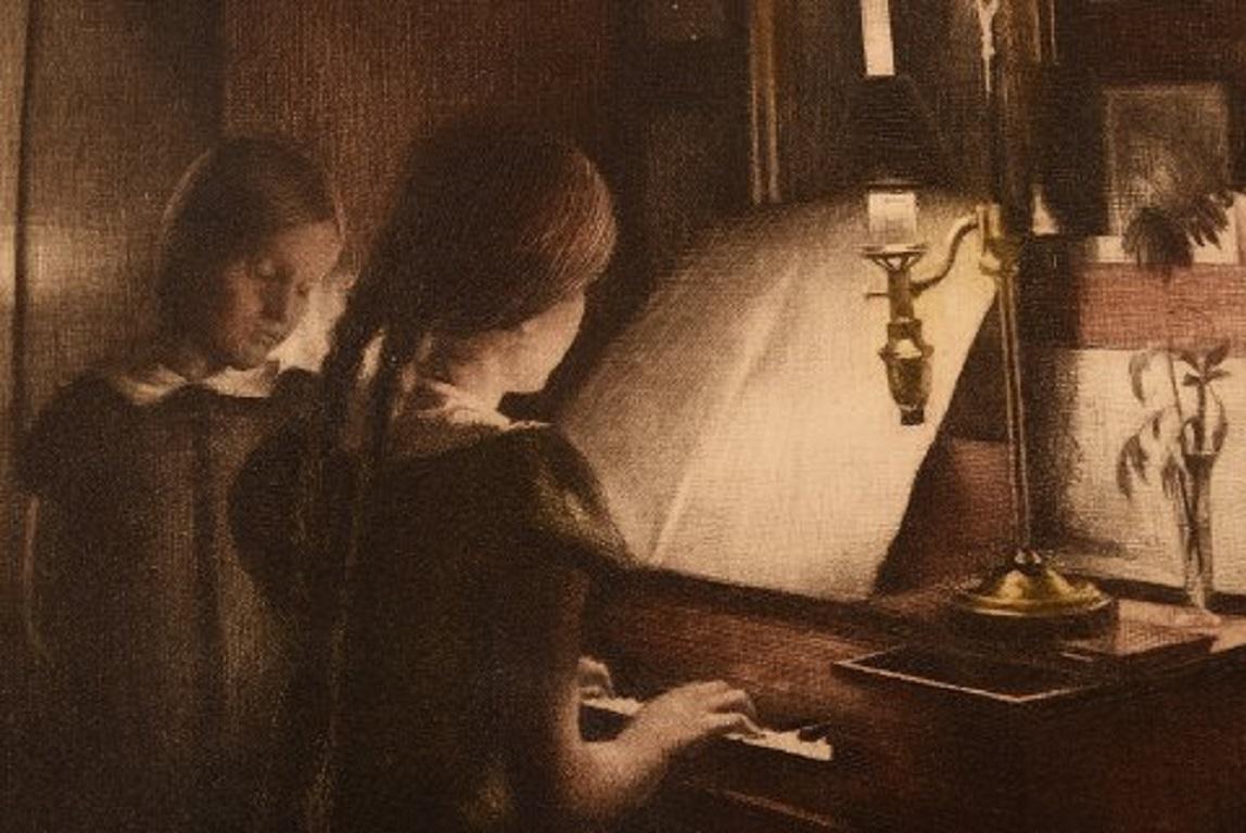 Peter Ilsted, Interior con dos niñas al piano, Aguafuerte Danés en venta