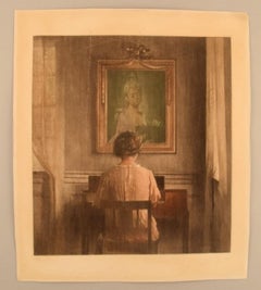 Peter Ilsted, Mezzotint in Colors, "By the Spinette", Early 20th C