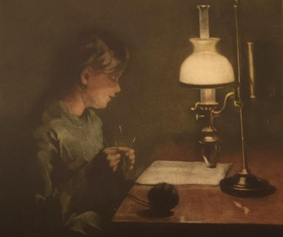 Danish Peter Ilsted '1861-1933', Mezzotint in Colors, Interior with a Knitting Woman