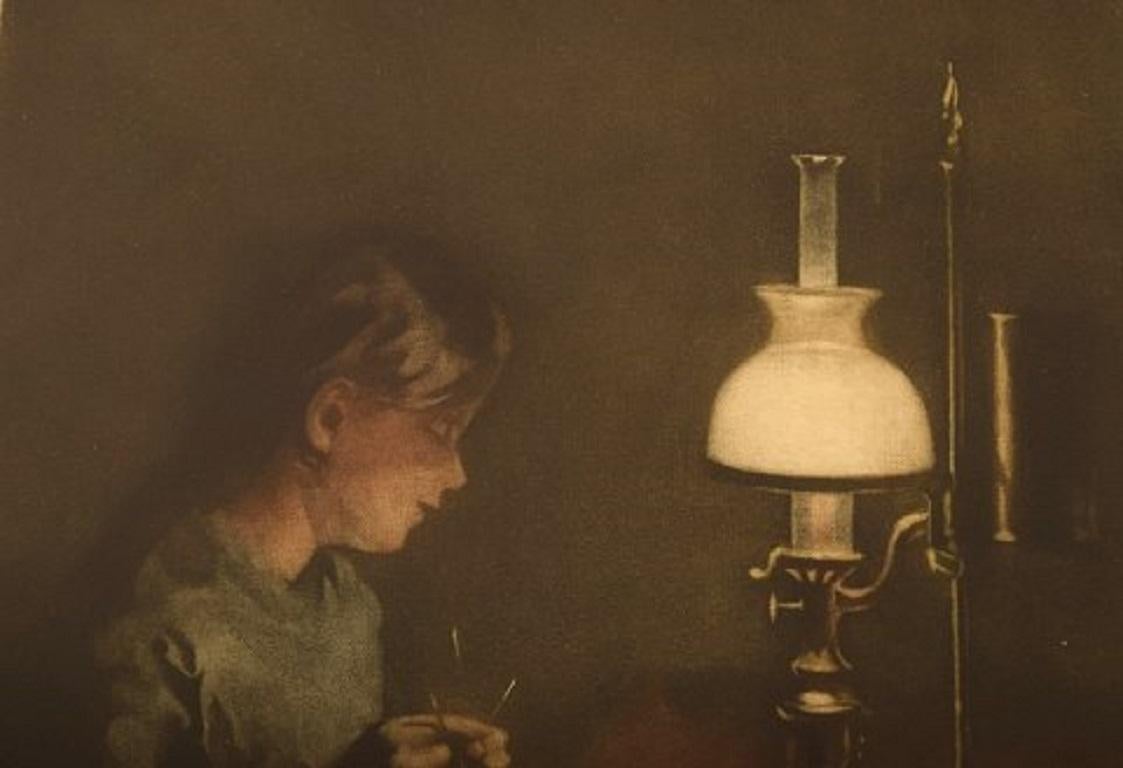 Peter Ilsted '1861-1933', Mezzotint in Colors, Interior with a Knitting Woman In Excellent Condition In Copenhagen, DK
