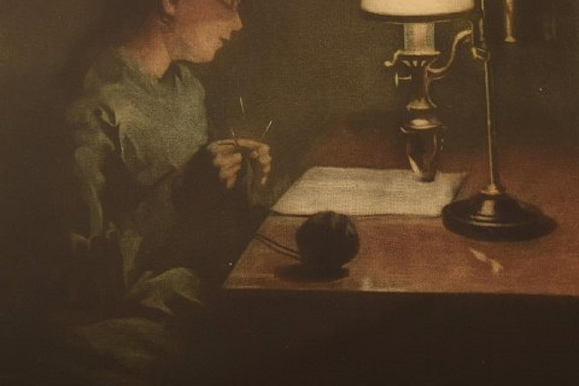 Early 20th Century Peter Ilsted '1861-1933', Mezzotint in Colors, Interior with a Knitting Woman