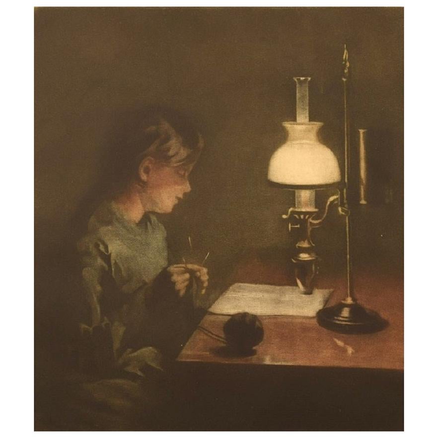 Peter Ilsted '1861-1933', Mezzotint in Colors, Interior with a Knitting Woman